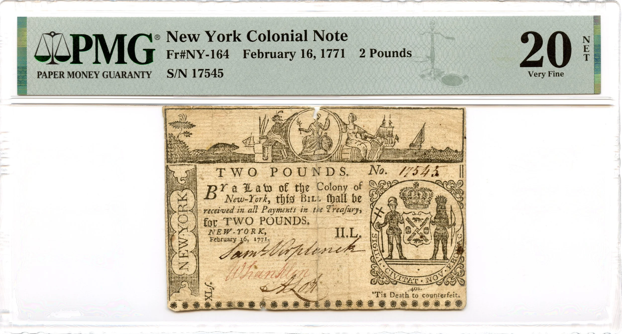 New York Colonial Note Fr#NY-164 February 16, 1771 2 Pounds PMG VF-20