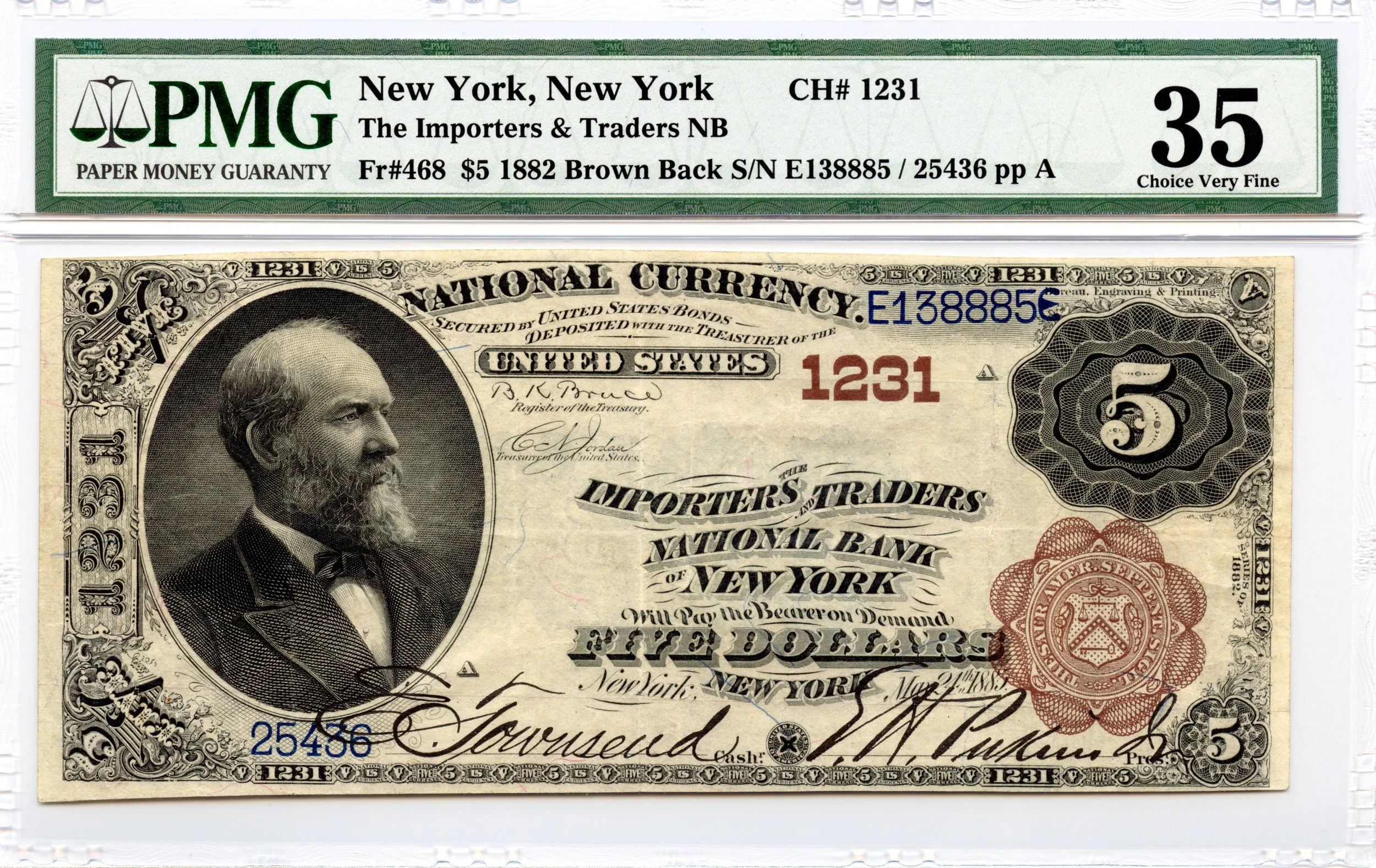 1882 $5 National Brown Back Fr#468 Importers & Traders NB New York CH#1231 PMG VF-35