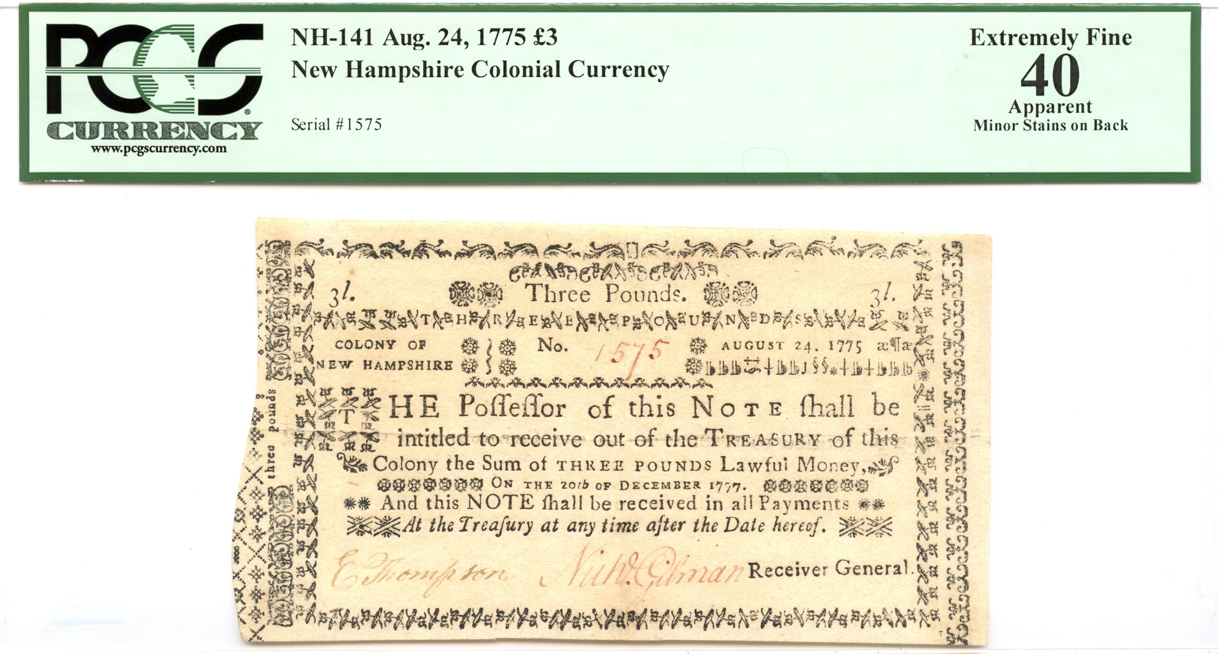 New Hampshire Colonial Note Fr#NH-141 August 24, 1775 3pd PCGS XF-40 *Scarce*