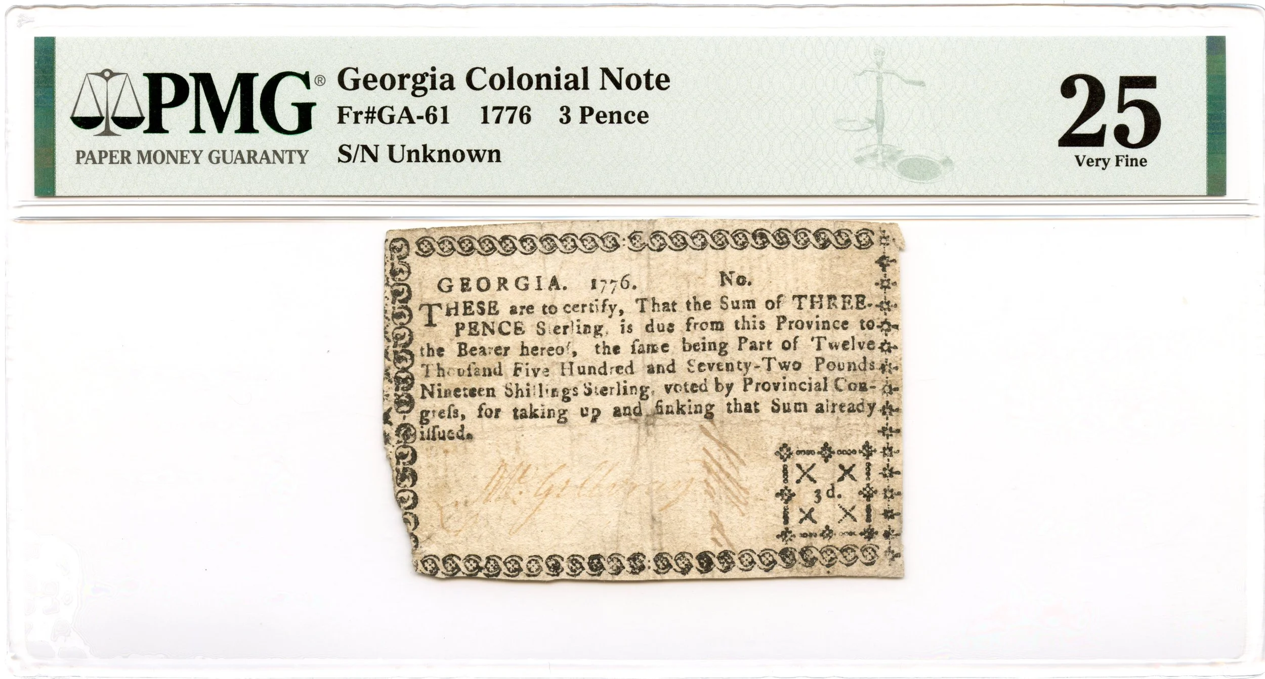 Georgia Colonial Note Fr#GA-61 1776 3 Pence PMG VF-25