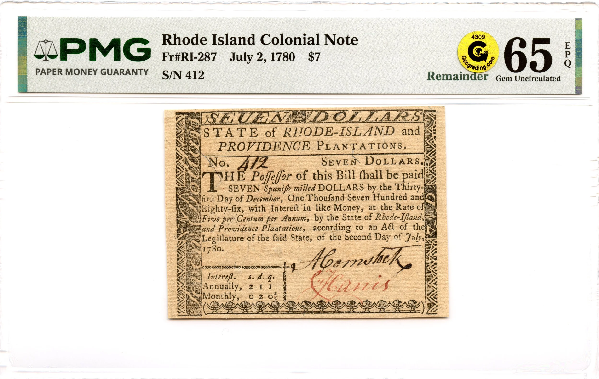Rhode Island Colonial Note Fr#RI-287 July 2, 1780 $7 PMG GEM 65 EPQ GCC Gold *Exceptional*