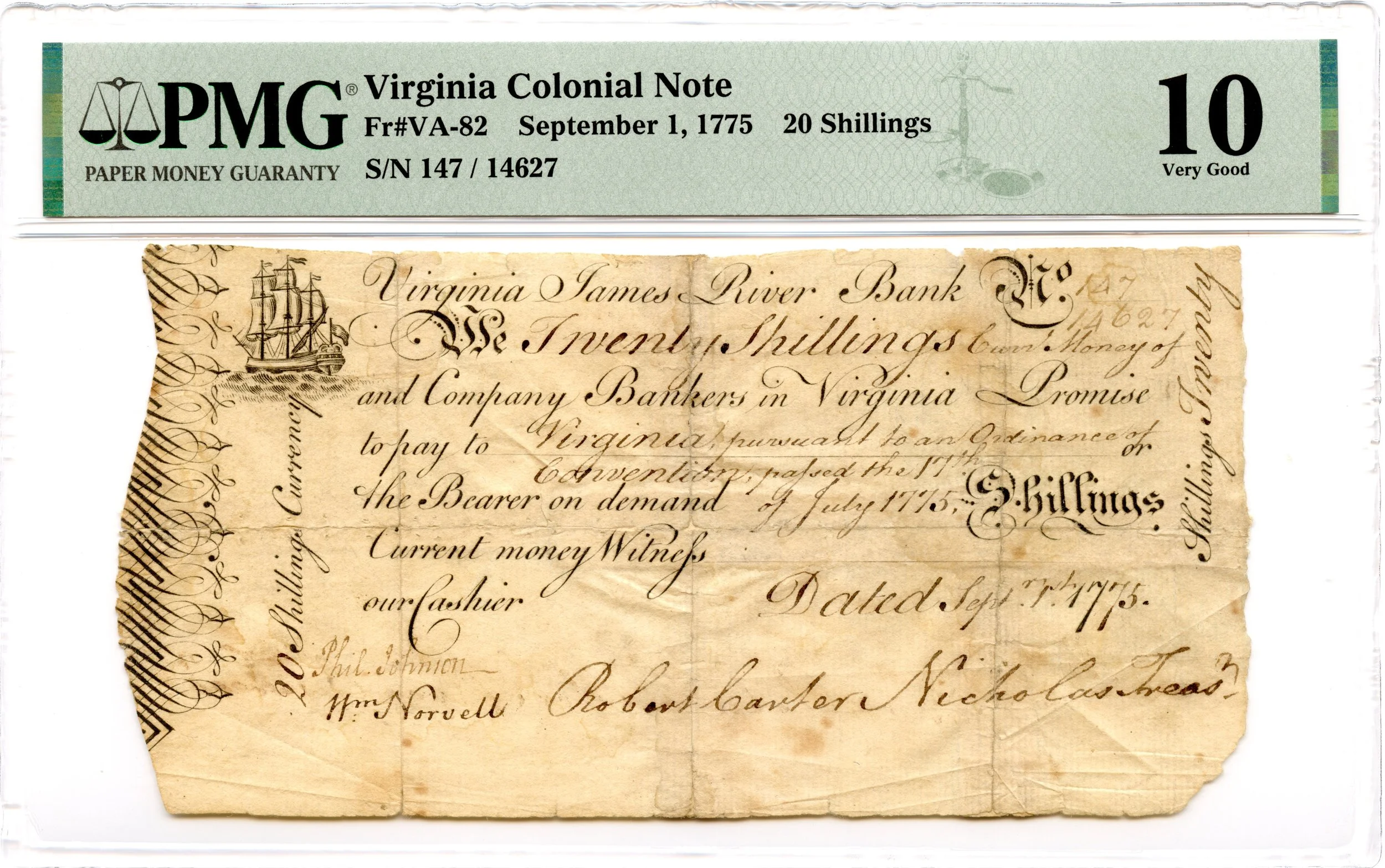 Virginia Colonial Note Fr#VA-82 September 1, 1775 20s PMG VG-10 *James River Bank*