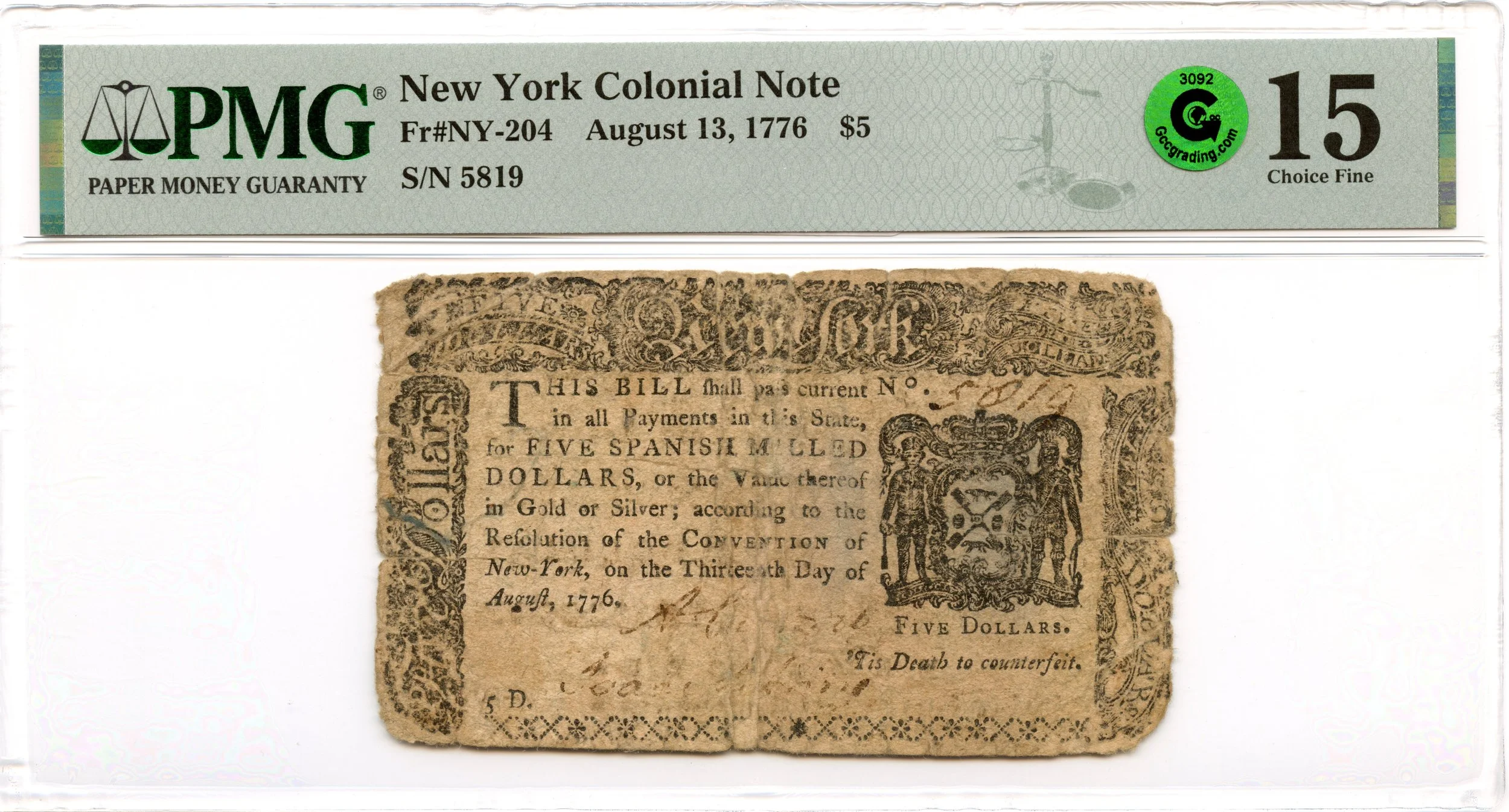 New York Colonial Note Fr#NY-204 August 13, 1776 $5 PMG F-15 GCC Green *Candelabrum*