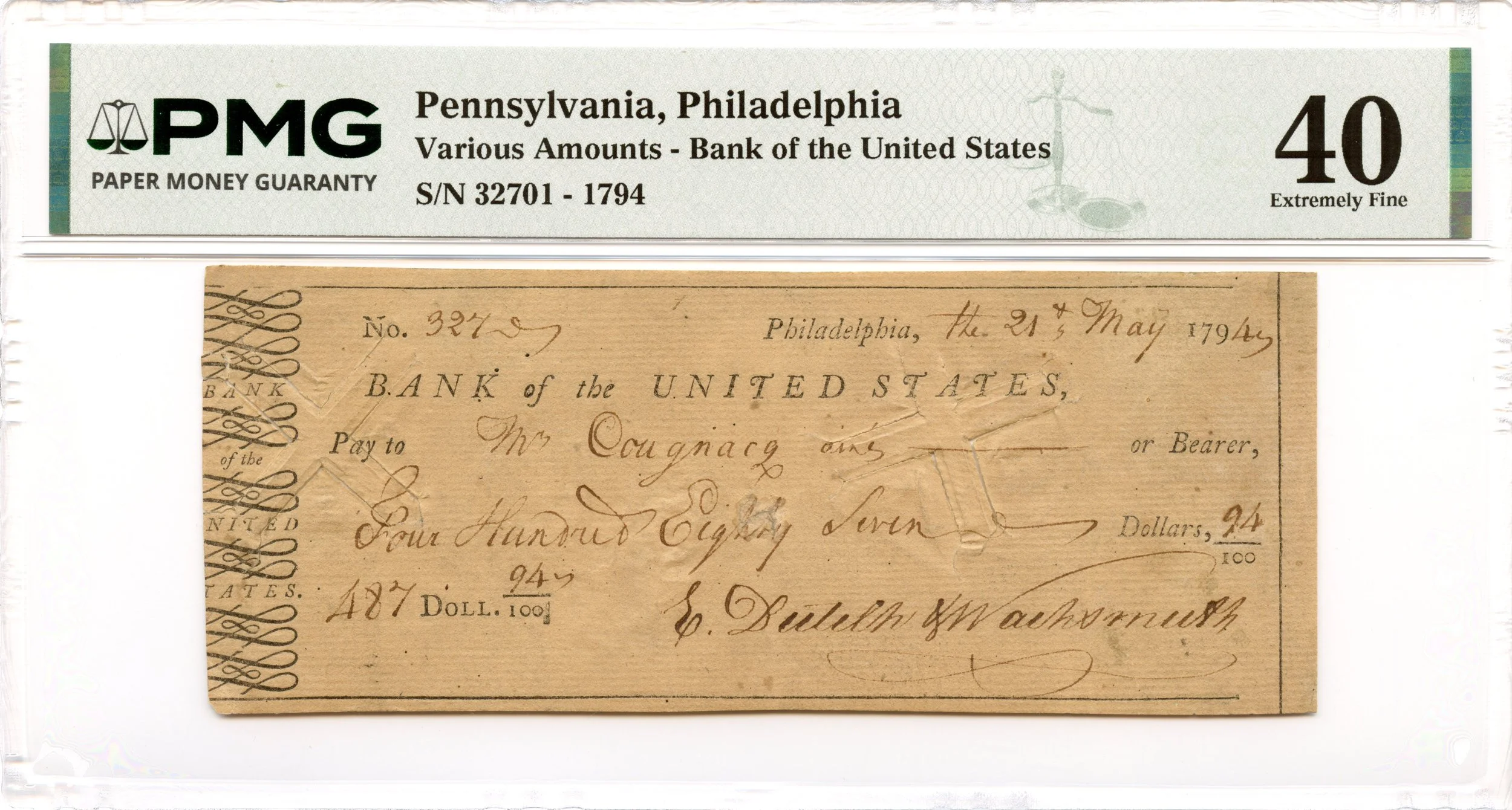 1794 $487.94 Bank of the United States Check Philadelphia, PA PMG XF-40 *Early Check*