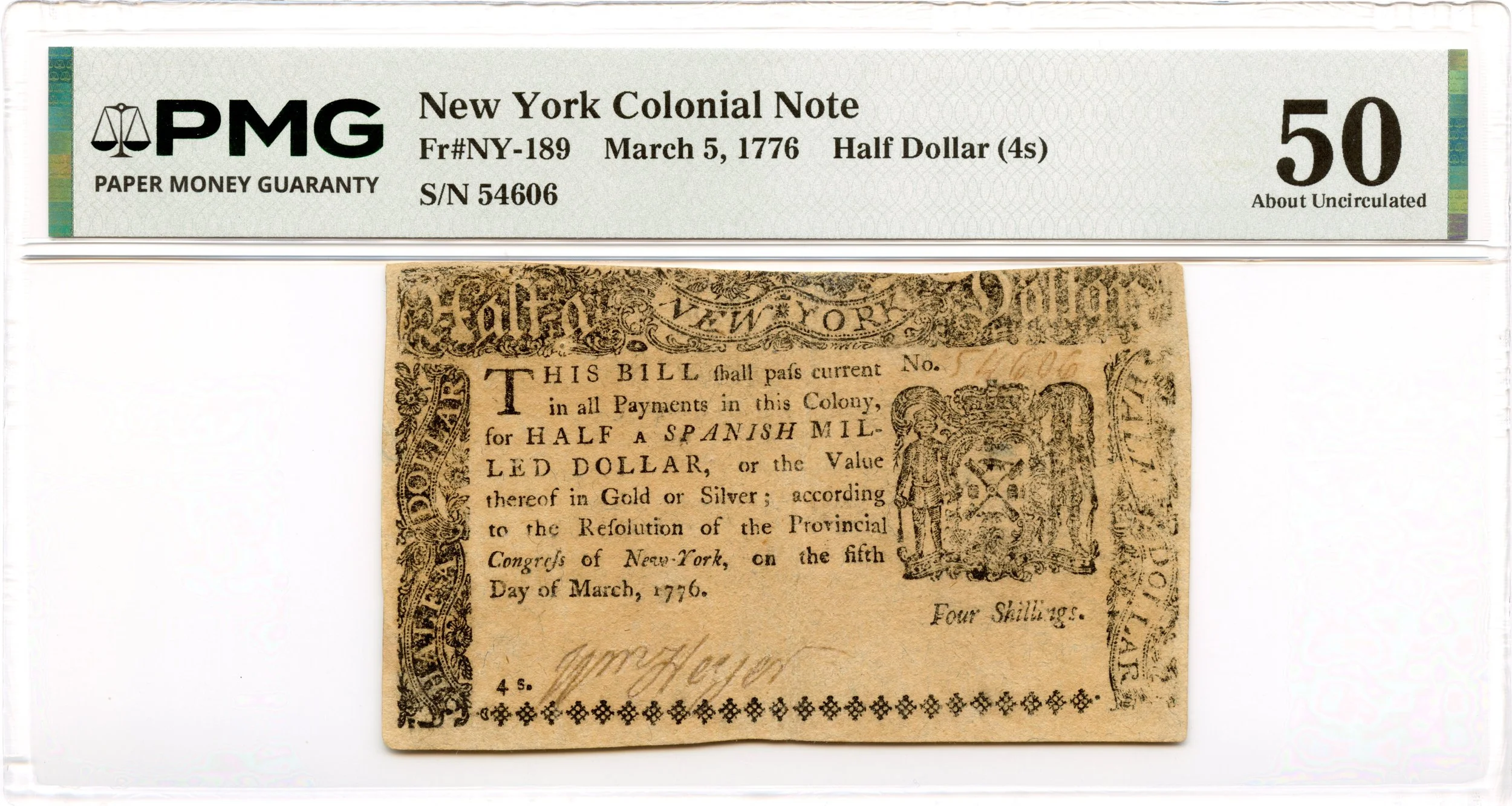 New York Colonial Note Fr#NY-189 March 5, 1776 $1/2 PMG AU-50