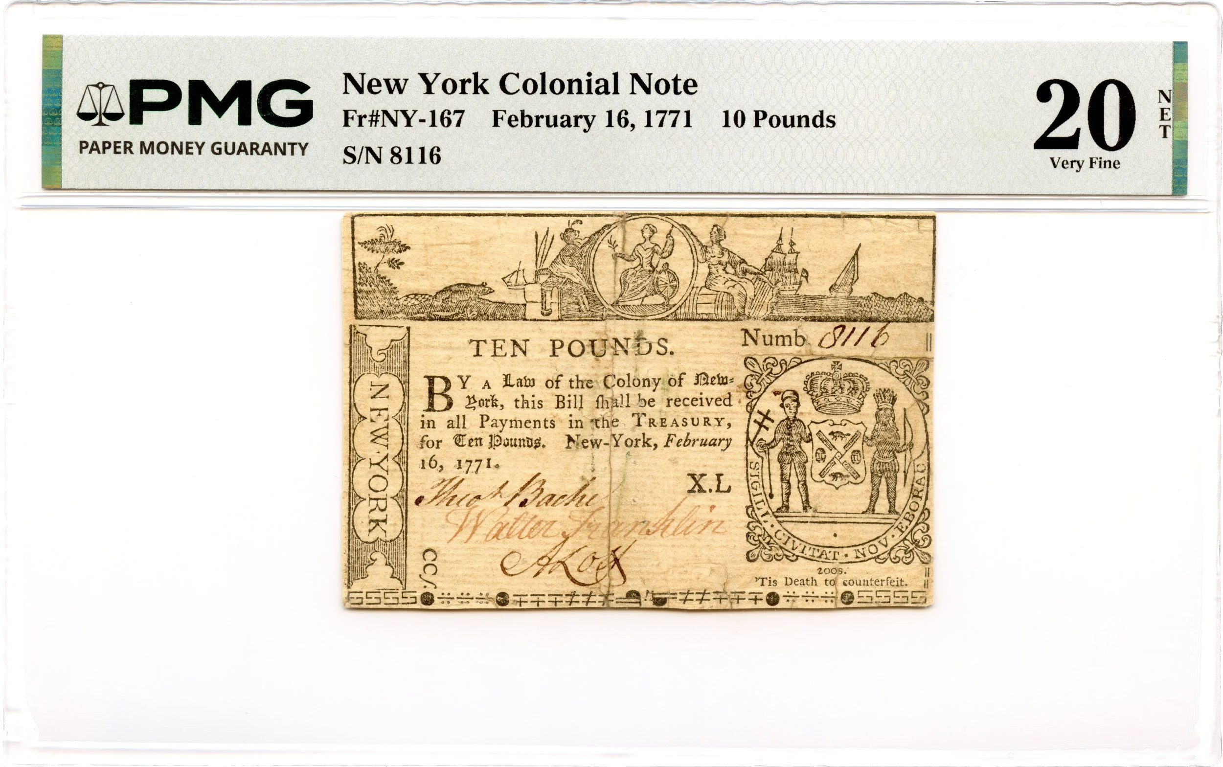 New York Colonial Note Fr#NY-167 February 16, 1771 10 Pounds PMG VF-20