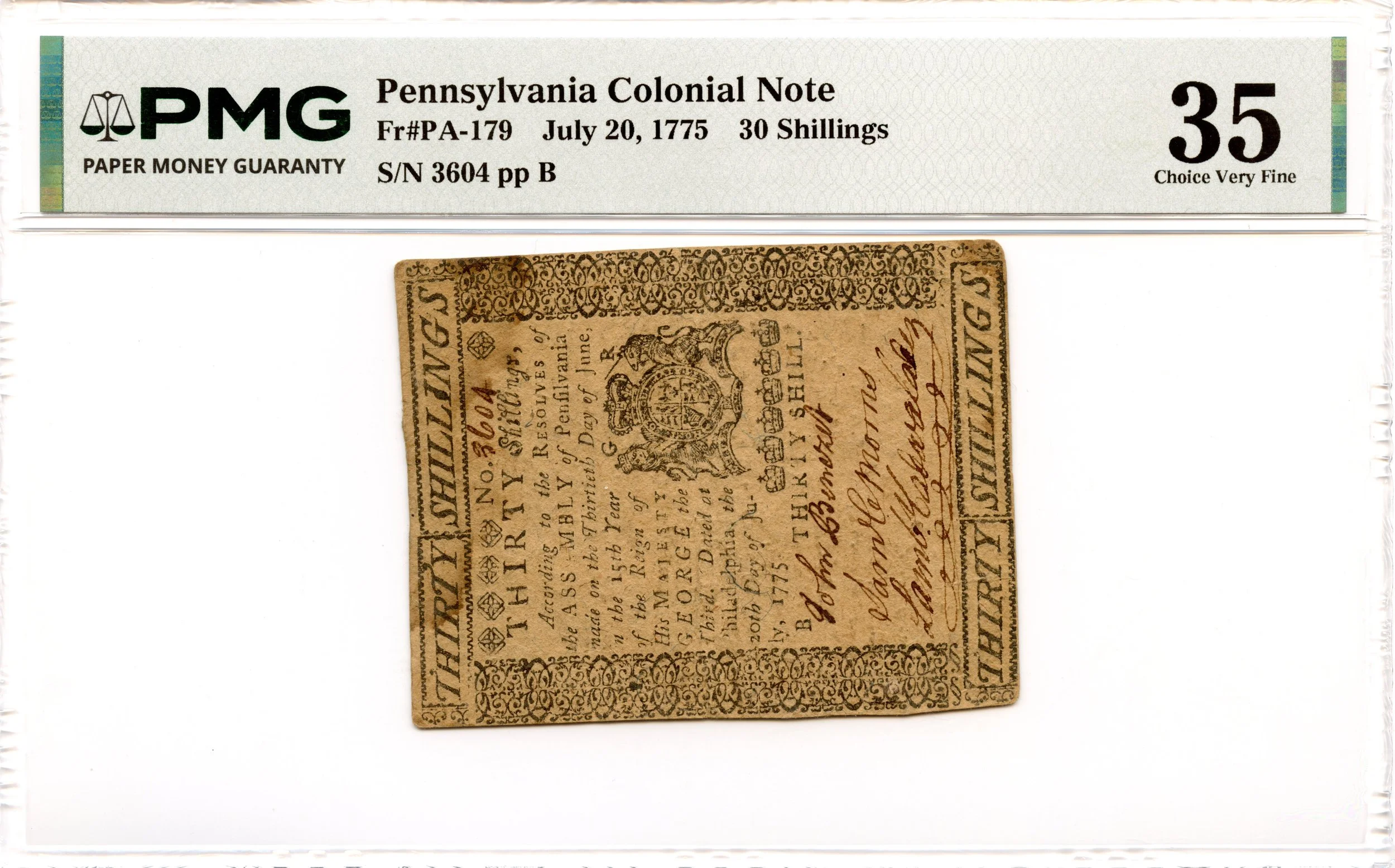 Pennsylvania Colonial Note Fr#PA-179 July 20, 1775 30s PMG VF-35
