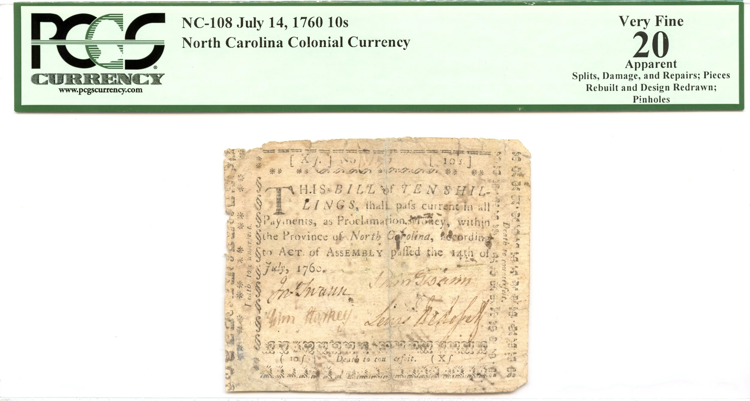 North Carolina Colonial Note Fr#NC-108 July 14, 1760 10s PCGS VF-20