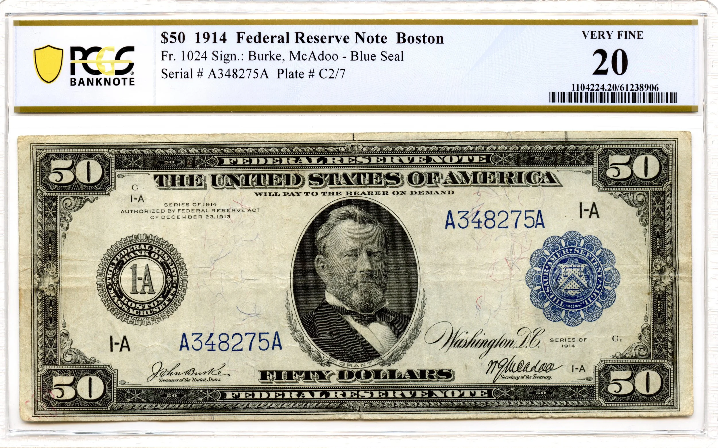 1914 $50 Federal Reserve Note Boston Fr#1024 PCGS VF-20