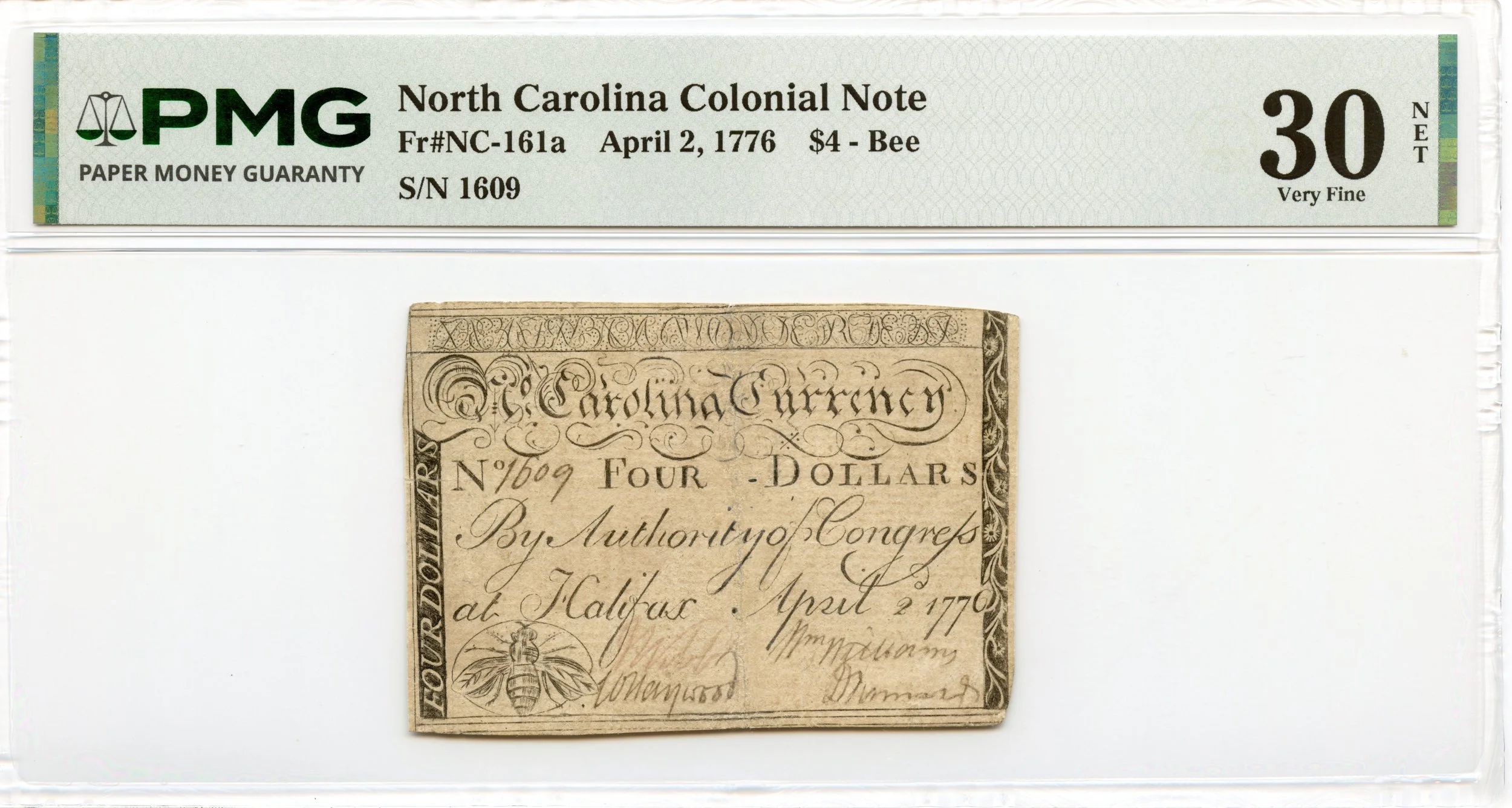 North Carolina Colonial Note Fr#NC-161a April 2, 1776 $4 PMG VF-30 *Bee*