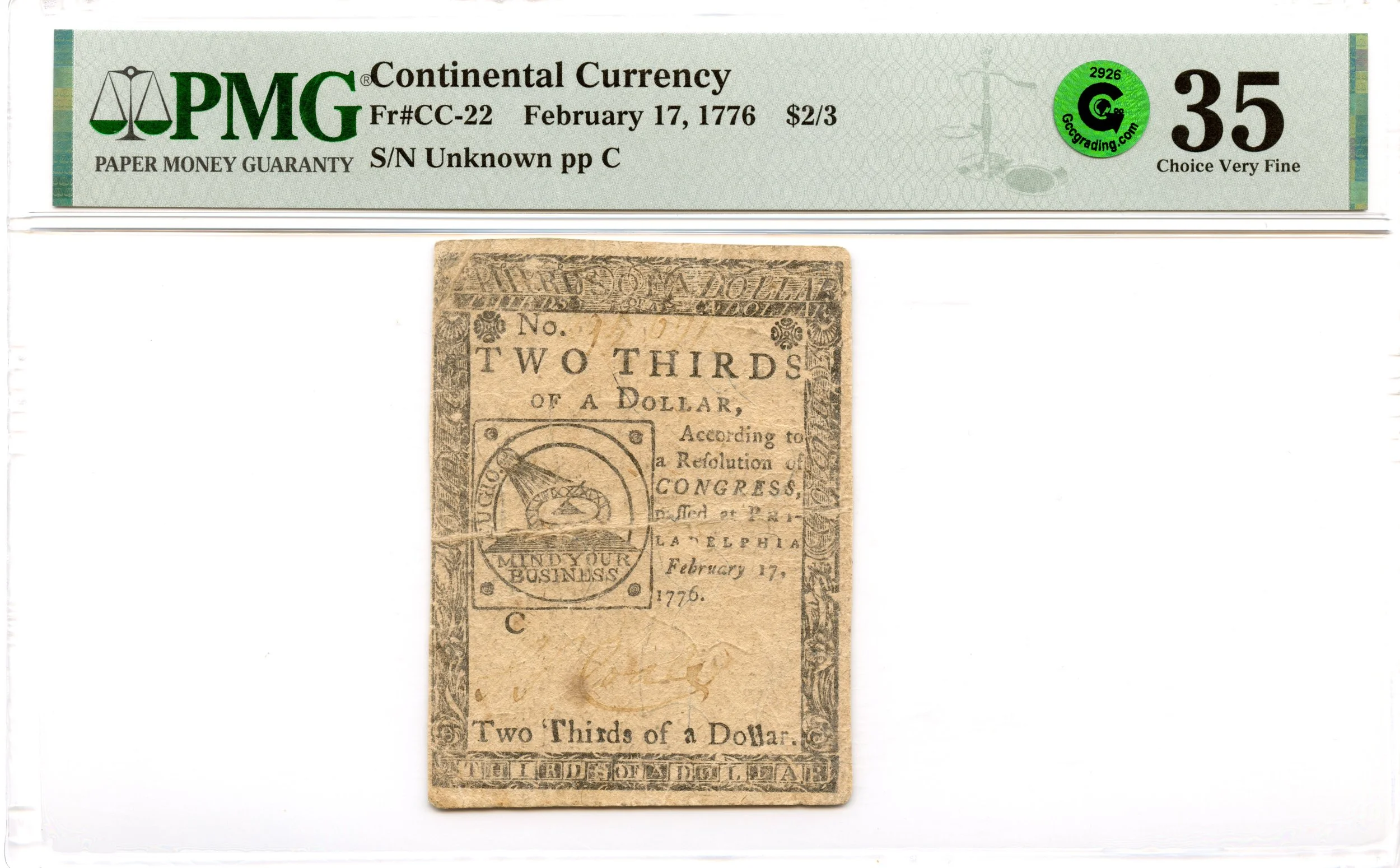 Continental Currency Fr#CC-22 February 17, 1776 $2/3 PMG VF-35 GCC *Fugio Note*