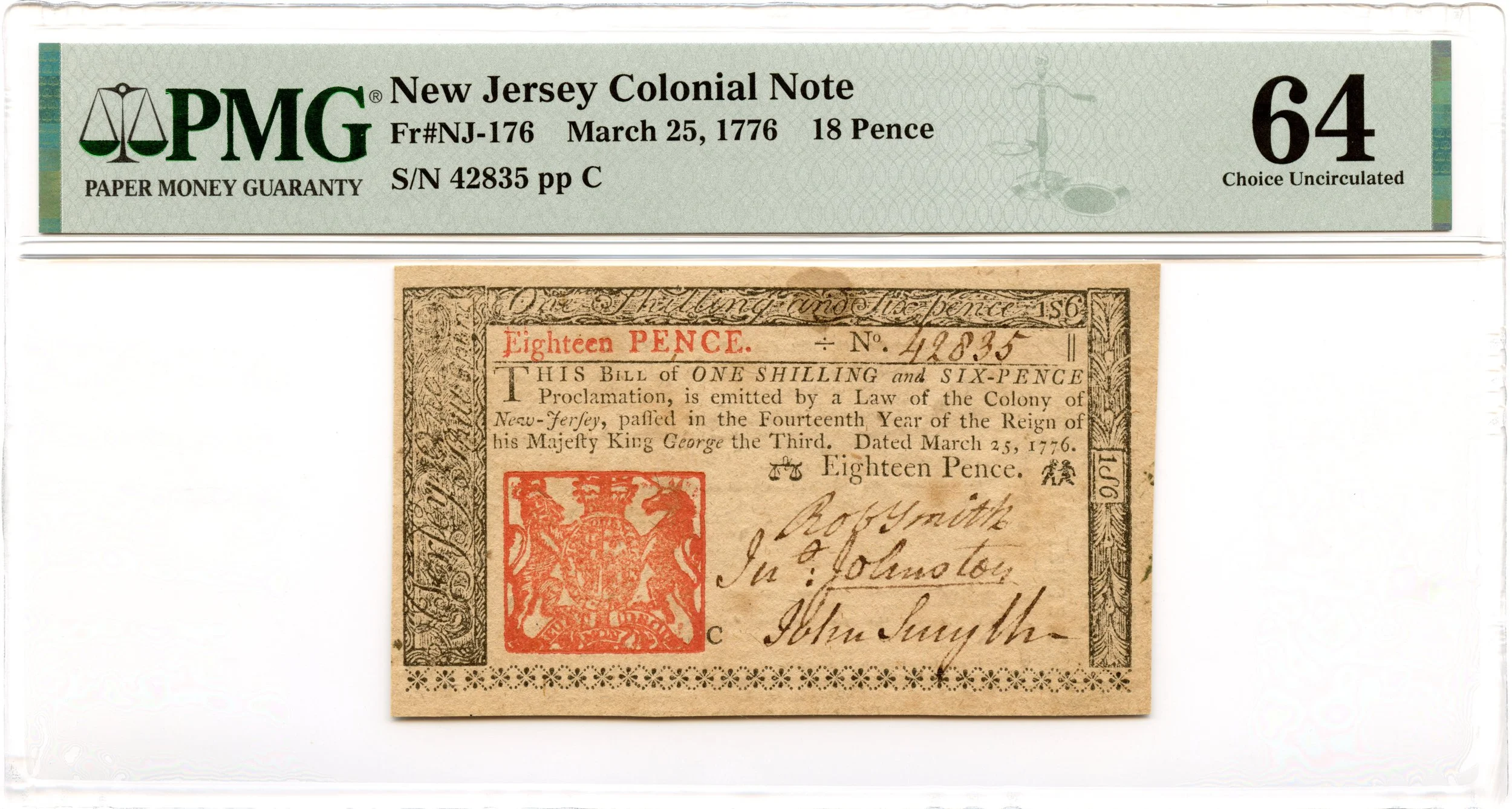 New Jersey Colonial Note Fr#NJ-176 March 25, 1776 18d PMG CU-64