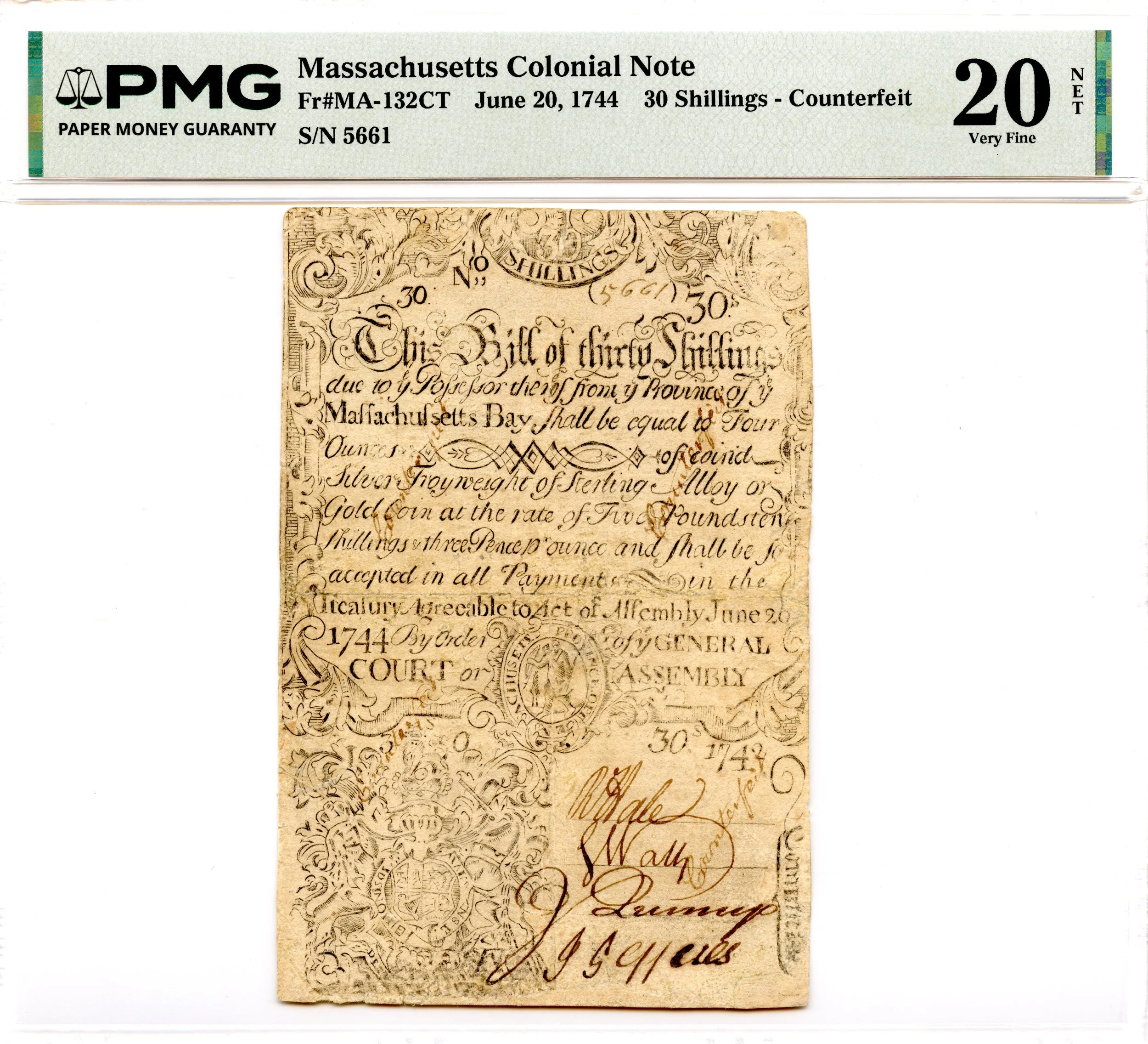 Massachusetts Colonial Note Fr#MA-132CT June 20, 1744 30s PMG VF-20 *Unique*