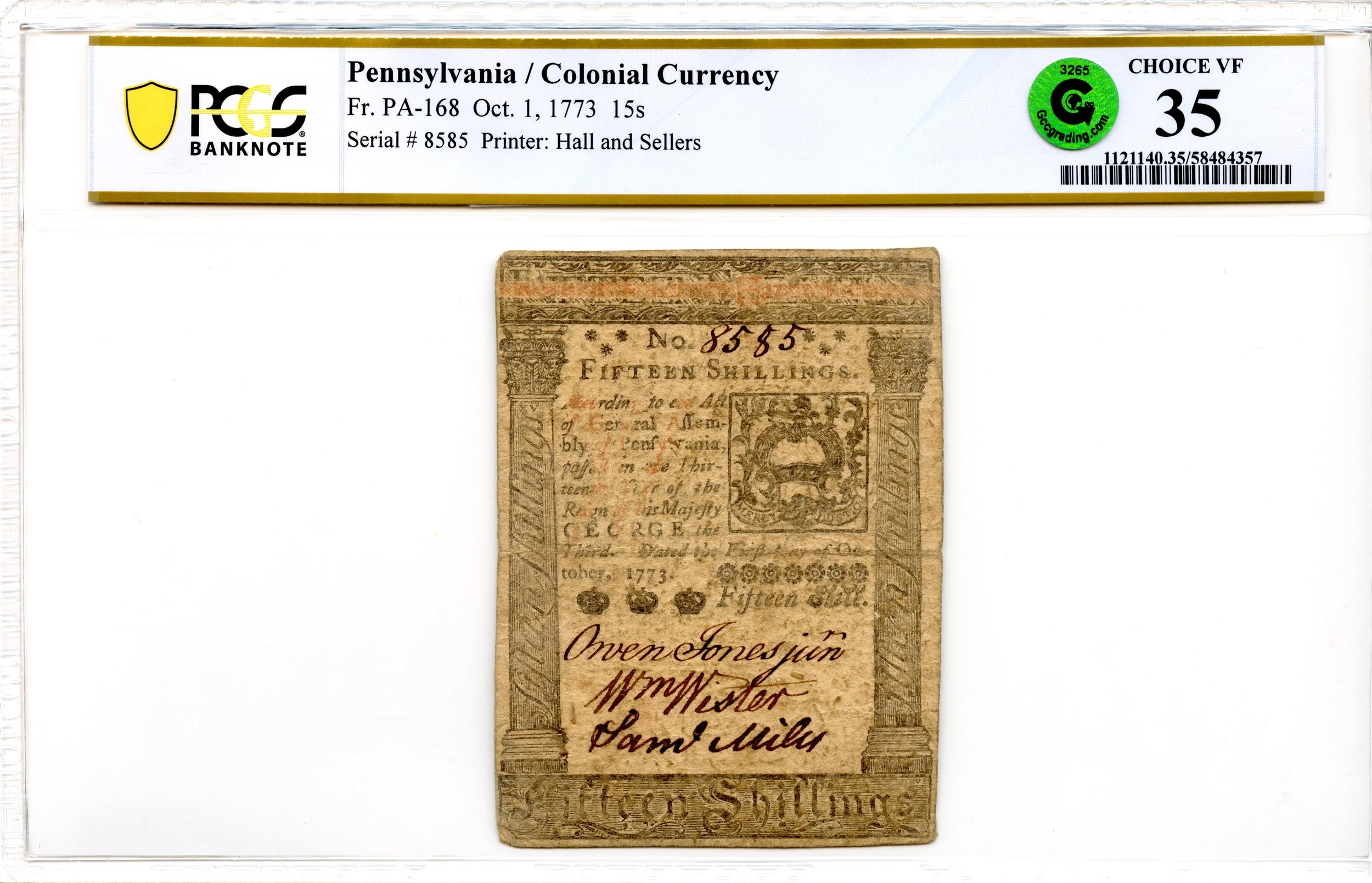 Pennsylvania Colonial Note Fr#PA-168 October 1, 1773 15s PCGS VF-35 GCC Green