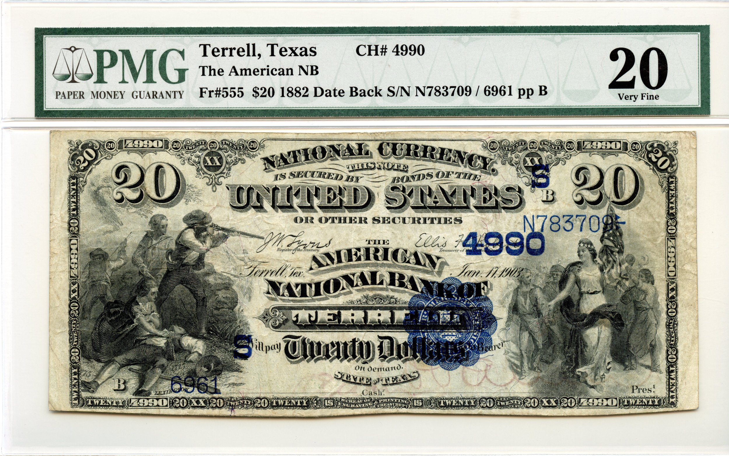 1882 $20 National Date Back Fr#555 American NB Terrell, Texas CH#4990 PMG VF-20
