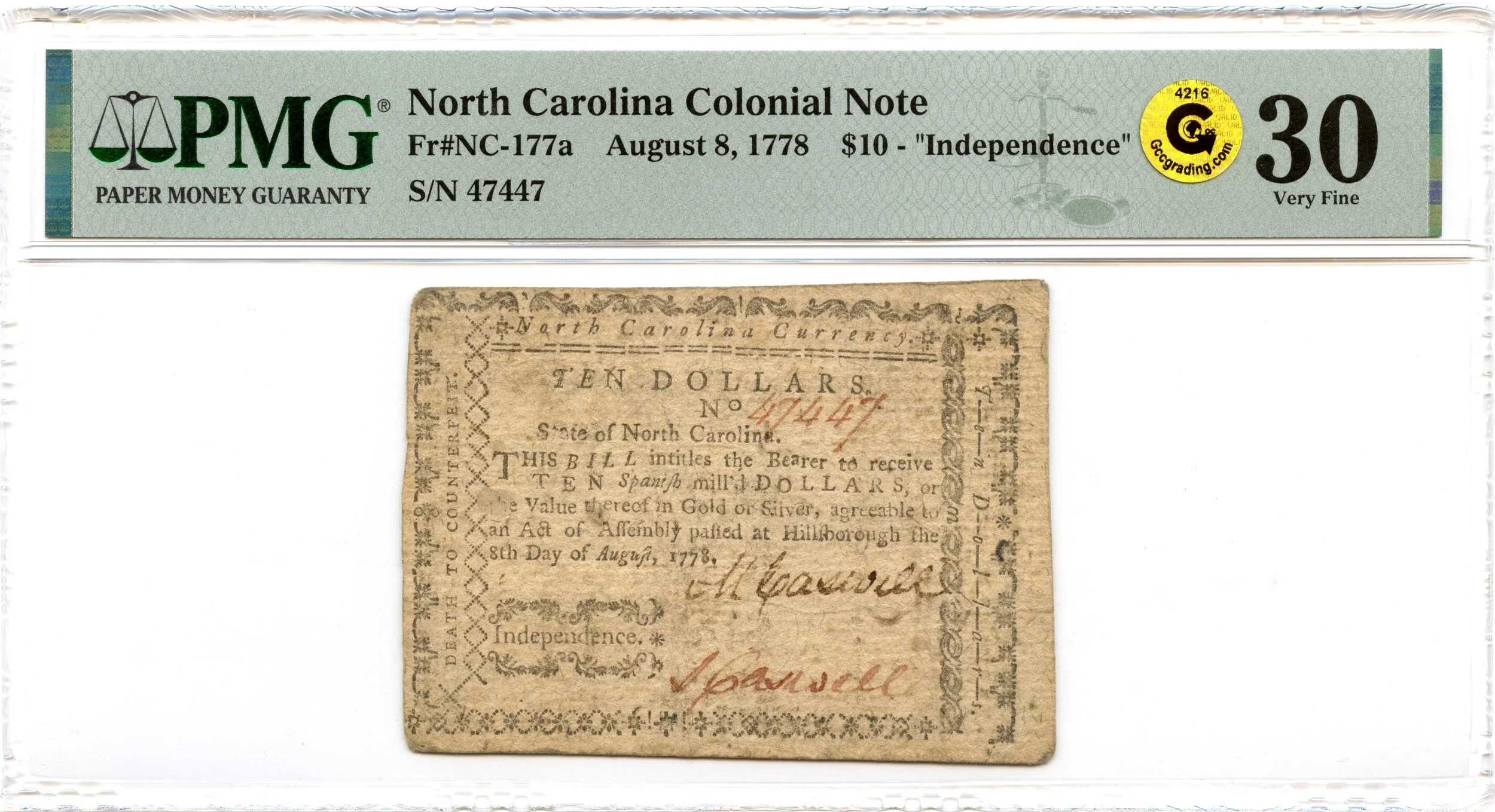 North Carolina Colonial Note Fr#NC-177a August 8, 1778 $10 PMG VF-30 GCC Gold *11 Known*