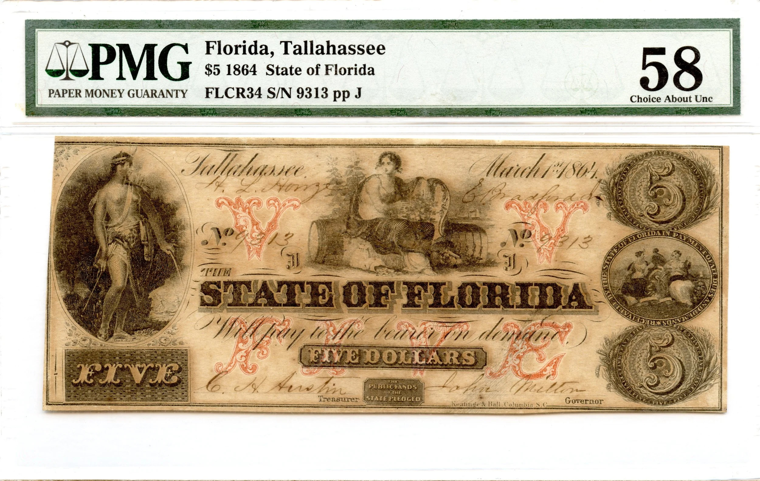 1864 $5 Tallahassee, Florida Obsolete Note State of Florida PMG AU-58