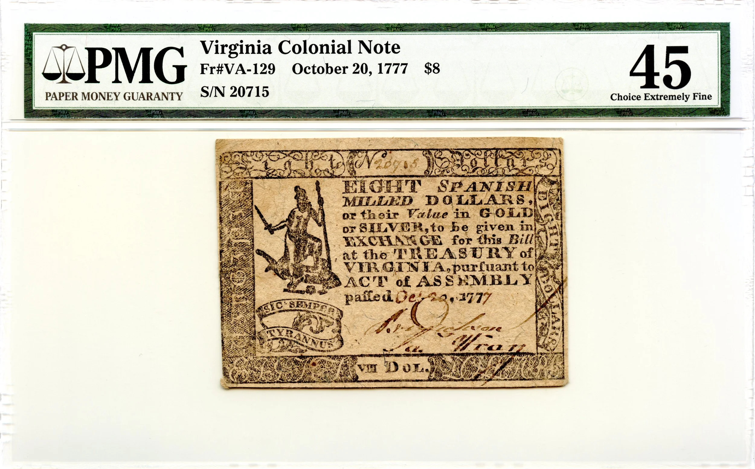 Virginia Colonial Note Fr#VA-129 October 20, 1777 $8 PMG XF-45