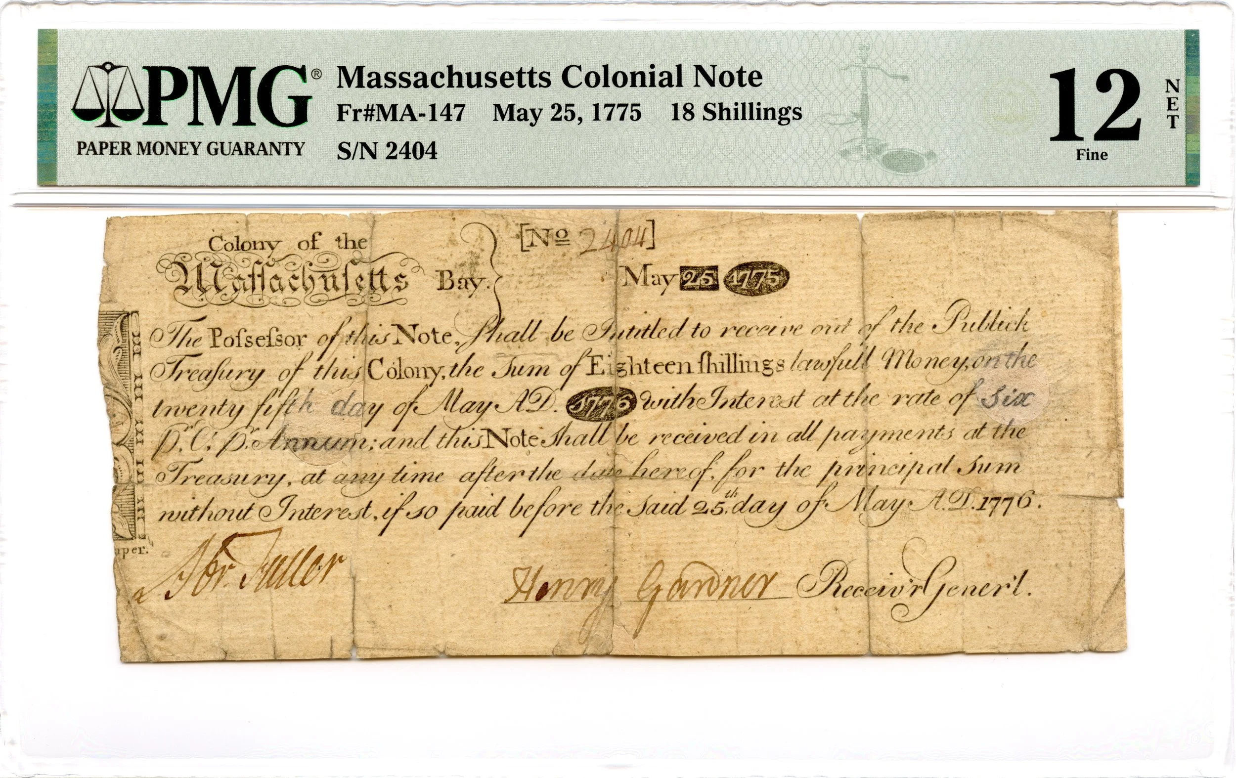 Massachusetts Colonial Note Fr#MA-147 May 25, 1775 18s PMG F-12 *Paul Revere*