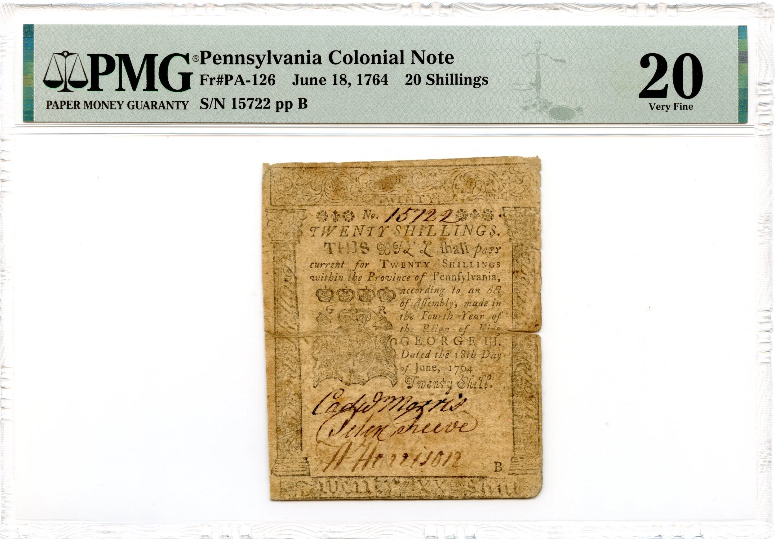 Pennsylvania Colonial Note Fr#PA-126 June 18, 1764 20s PMG VF-20 *Ben Franklin*