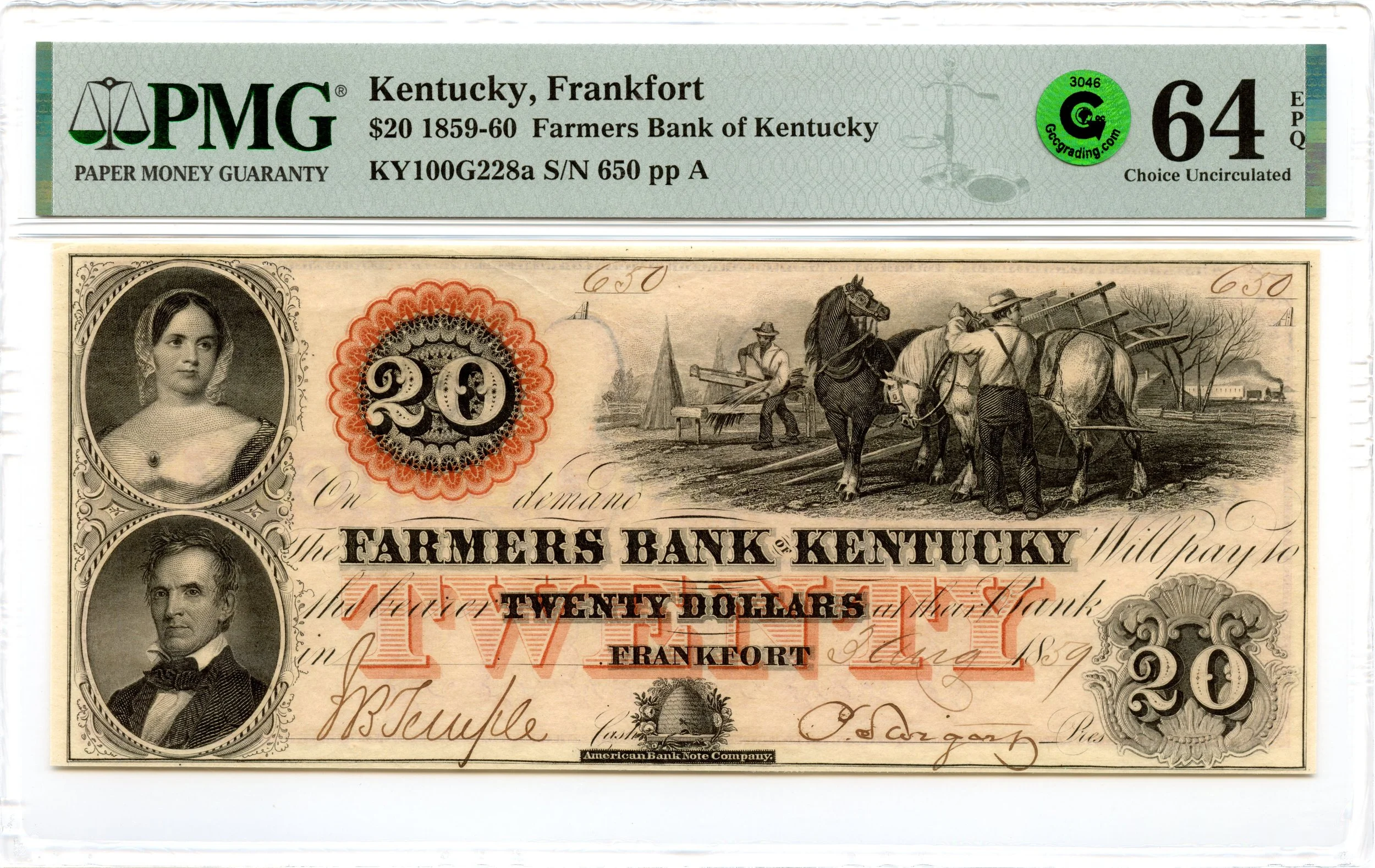 1859 $20 Frankfort, Kentucky Obsolete Note Farmers Bank of Kentucky PMG CU-64 EPQ GCC Green *Exceptional*