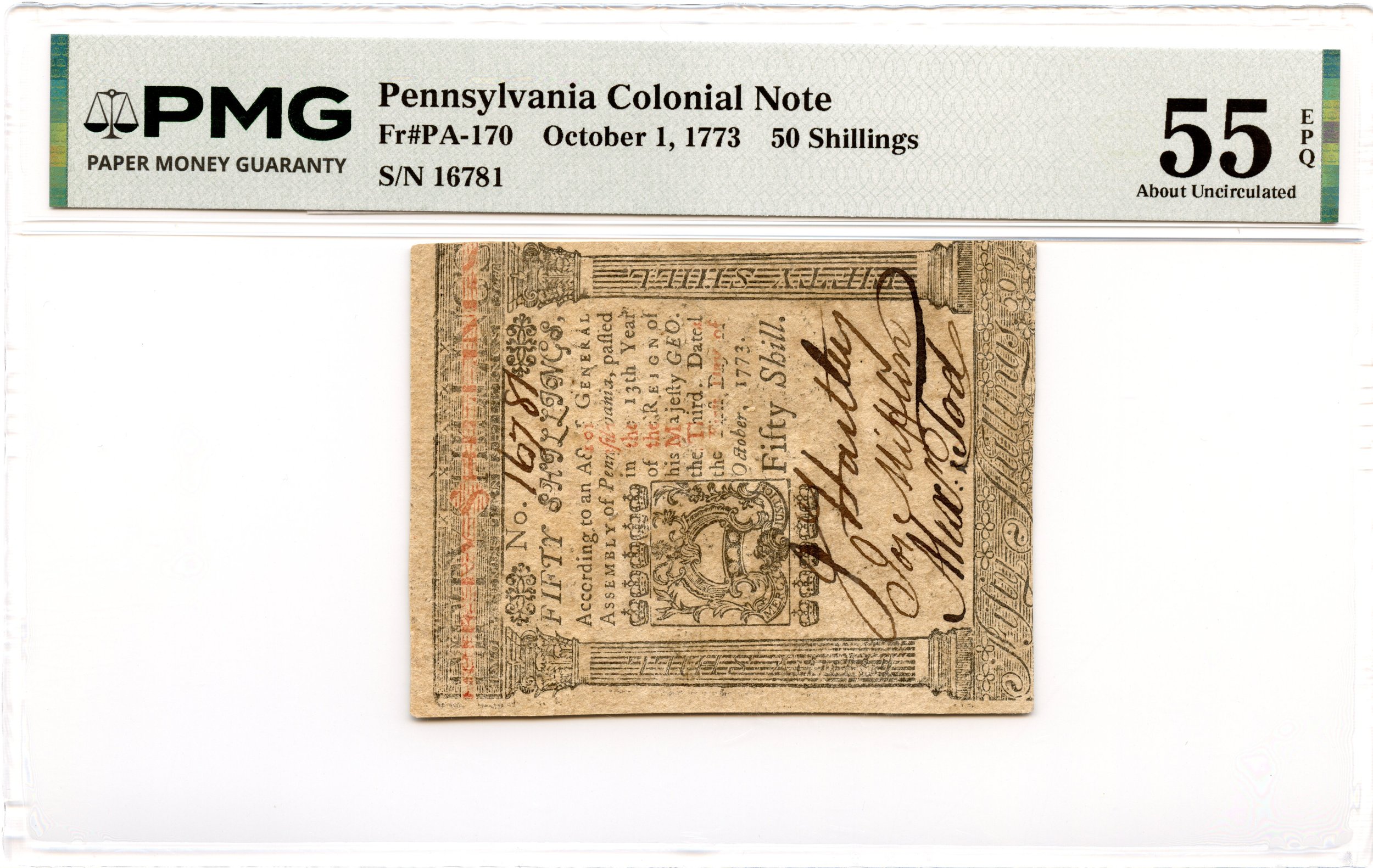 Pennsylvania Colonial Note Fr#PA-170 October 1, 1773 50s PMG AU-55 EPQ