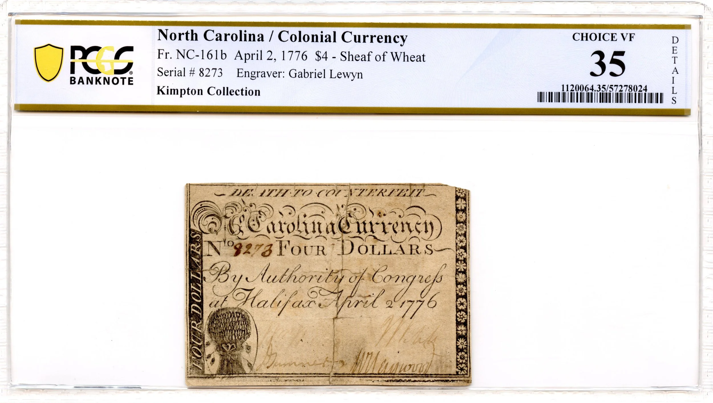 North Carolina Colonial Note Fr#NC-161b April 2, 1776 $4 PCGS VF-35 *Sheaf of Wheat*