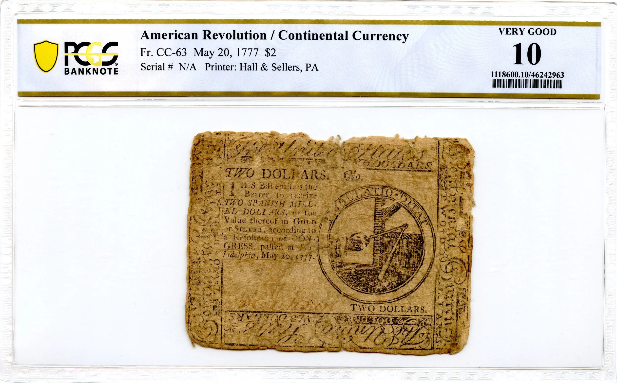 Continental Currency Fr#CC-63 May 20, 1777 $2 PCGS VG-10 *Extremely Scarce*