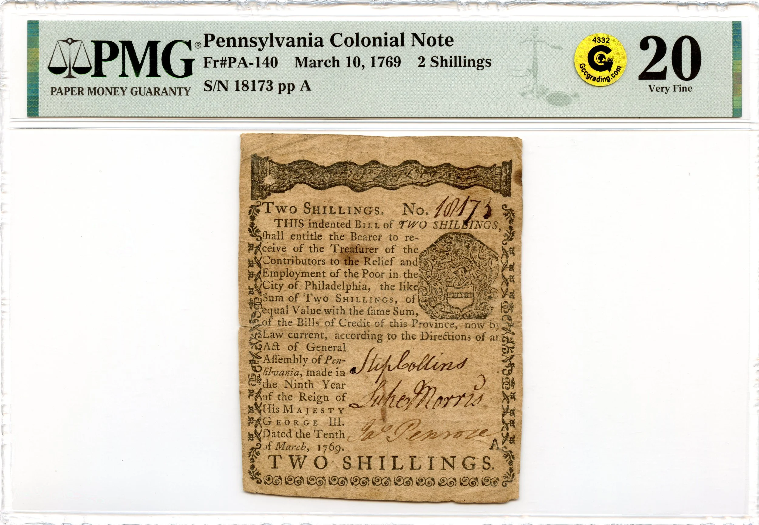 Pennsylvania Colonial Note Fr#PA-140 March 10, 1769 2s PMG VF-20 GCC Gold *Bettering House Money*