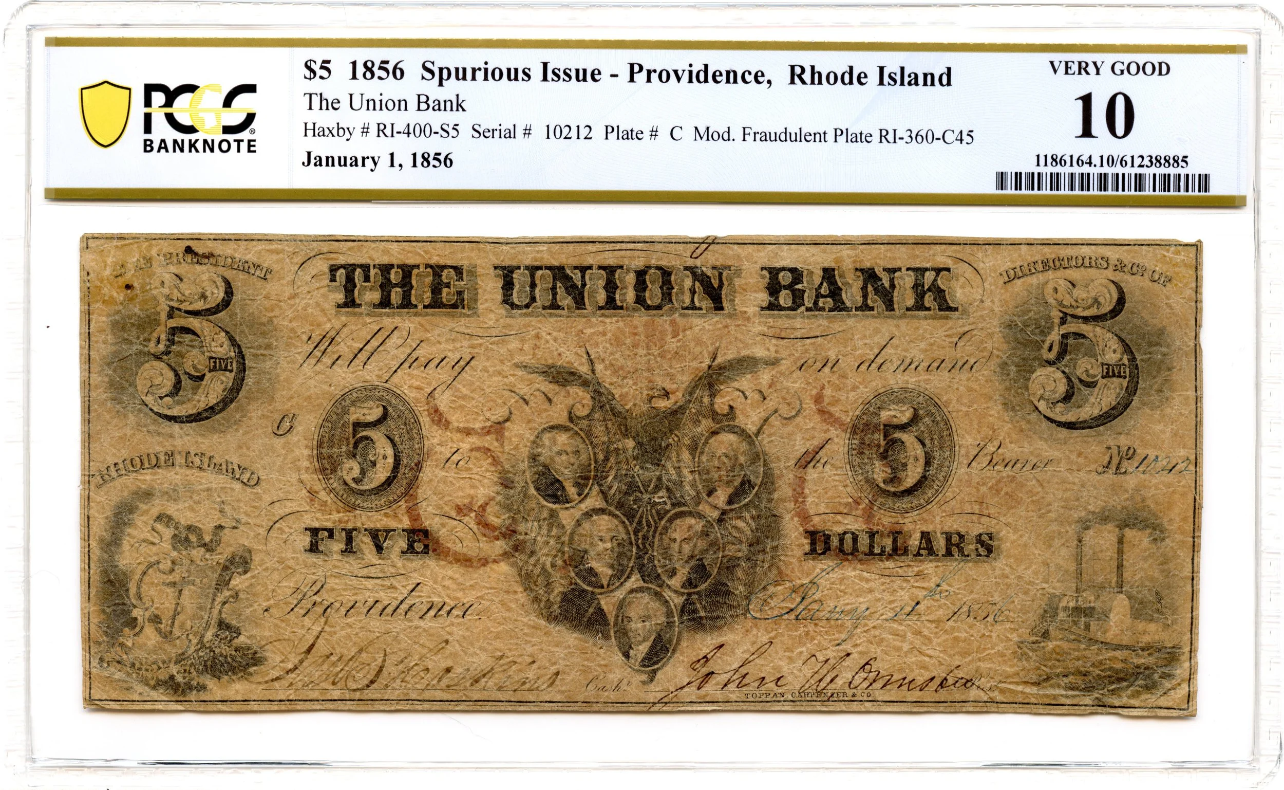 1856 $5 Providence, Rhode Island Obsolete Note Union Bank PCGS VG-10 Spurious Issue