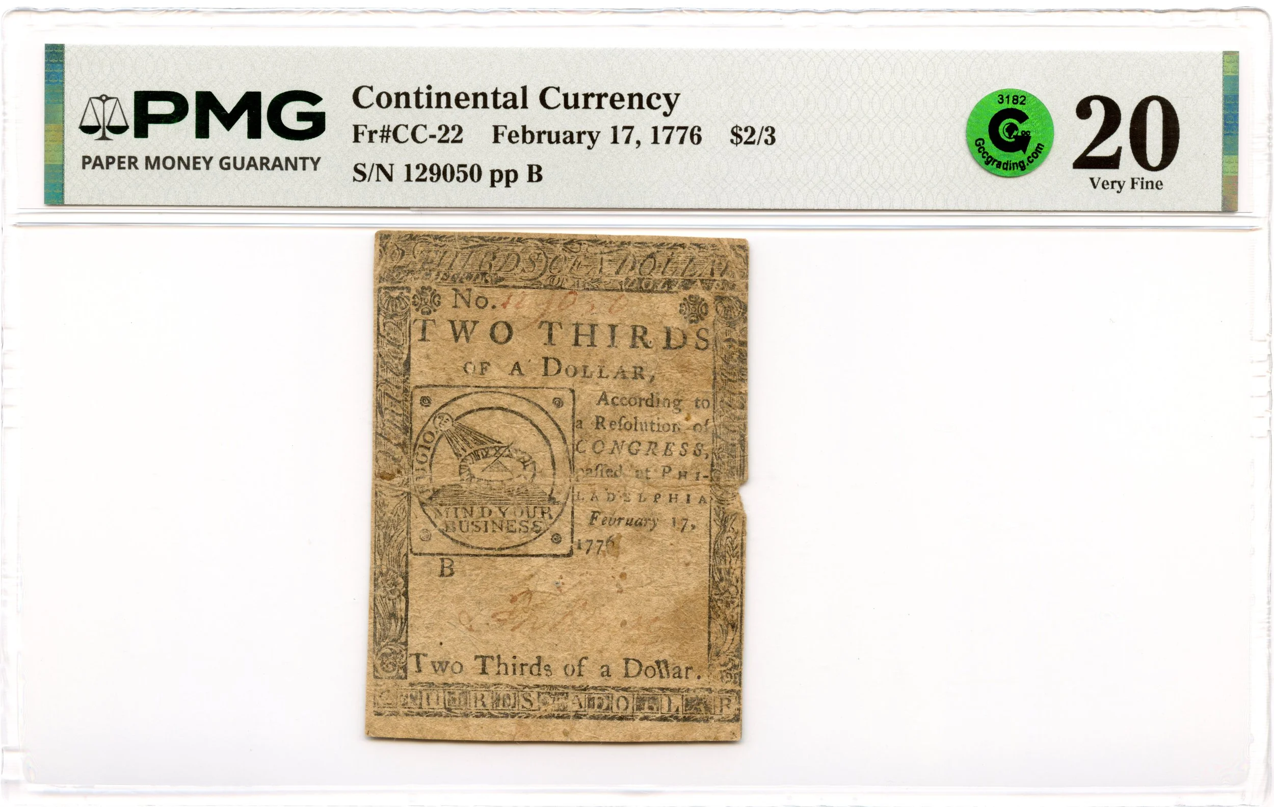 Continental Currency Fr#CC-22 February 17, 1776 $2/3 PMG VF-20 GCC Green *Fugio Note*
