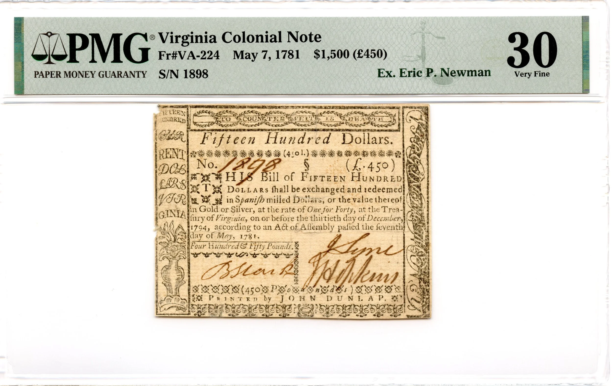 Virginia Colonial Note Fr#VA-224 May 7, 1781 $1500 PMG VF-30 *14 Known*