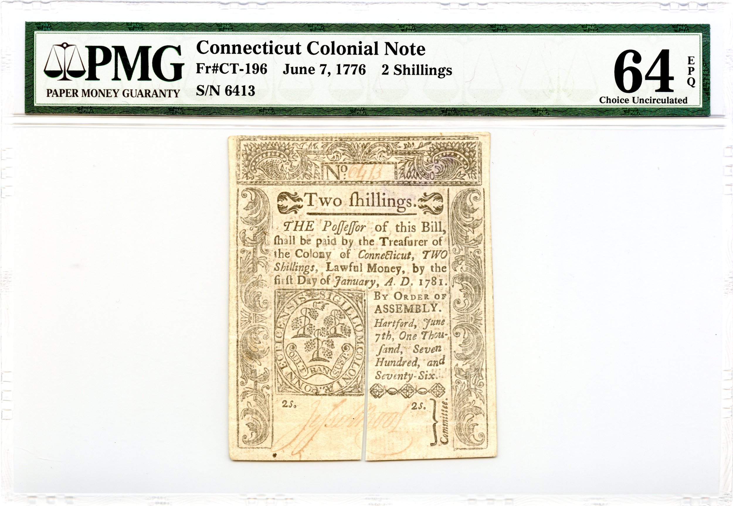 Connecticut Colonial Note Fr#CT-196 June 7, 1776 2s PMG CU-64 EPQ *Exceptional*