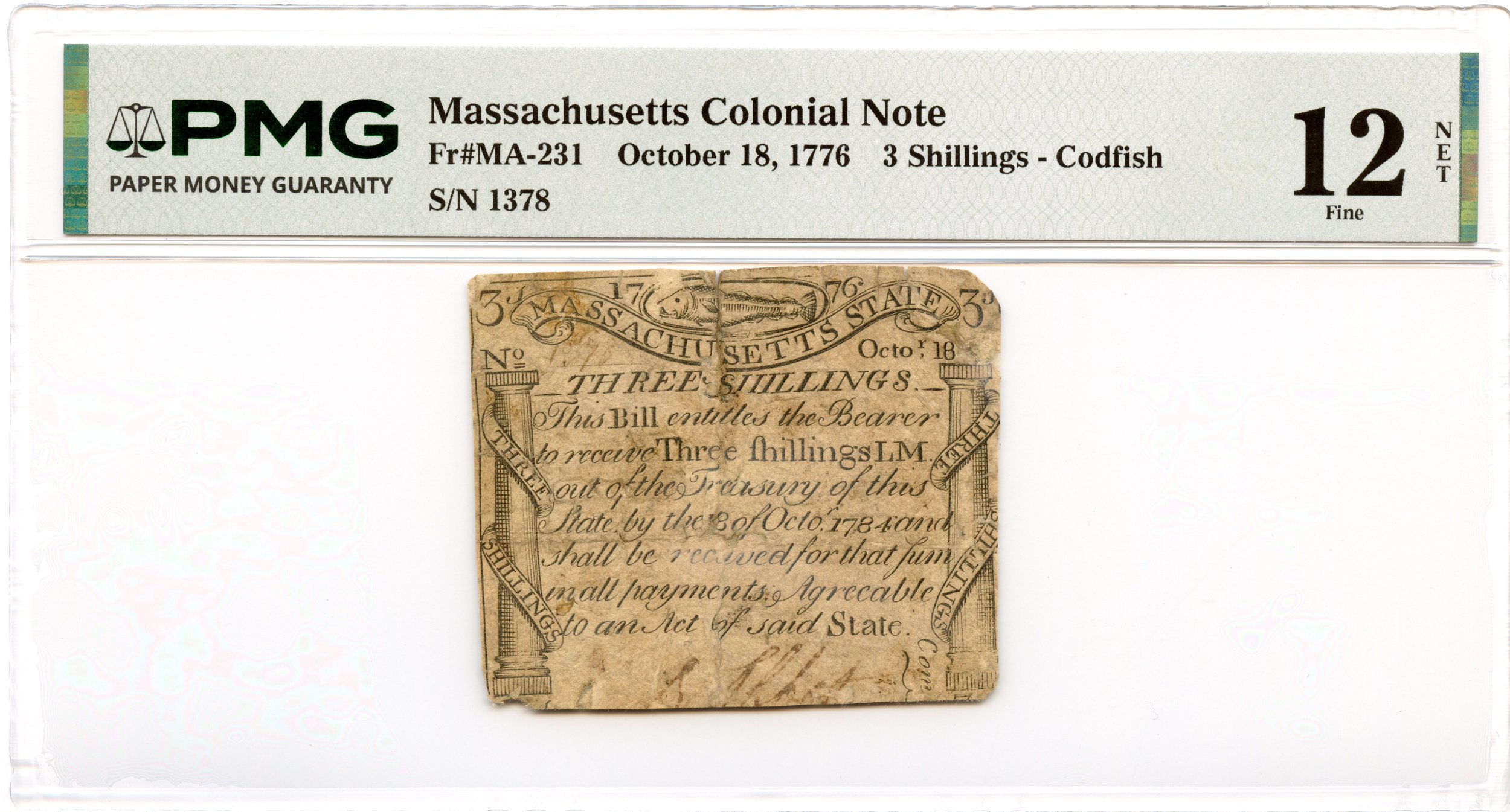Massachusetts Colonial Note Fr#MA-231 October 18, 1776 3s PMG F-12 *Paul Revere Codfish*