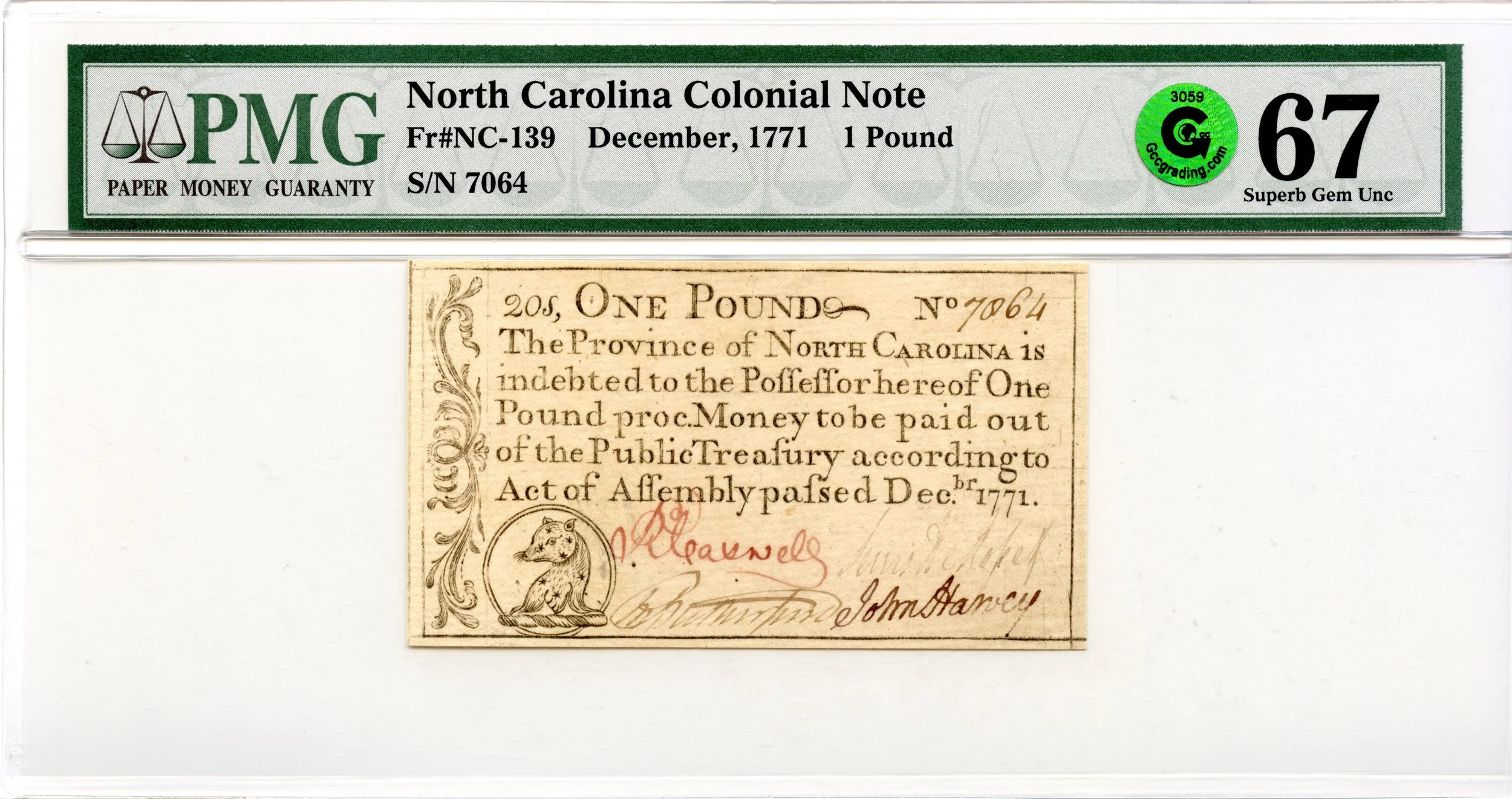 North Carolina Colonial Note Fr#NC-139 December, 1771 1P PMG Superb GEM 67 EPQ GCC *Finest Known*