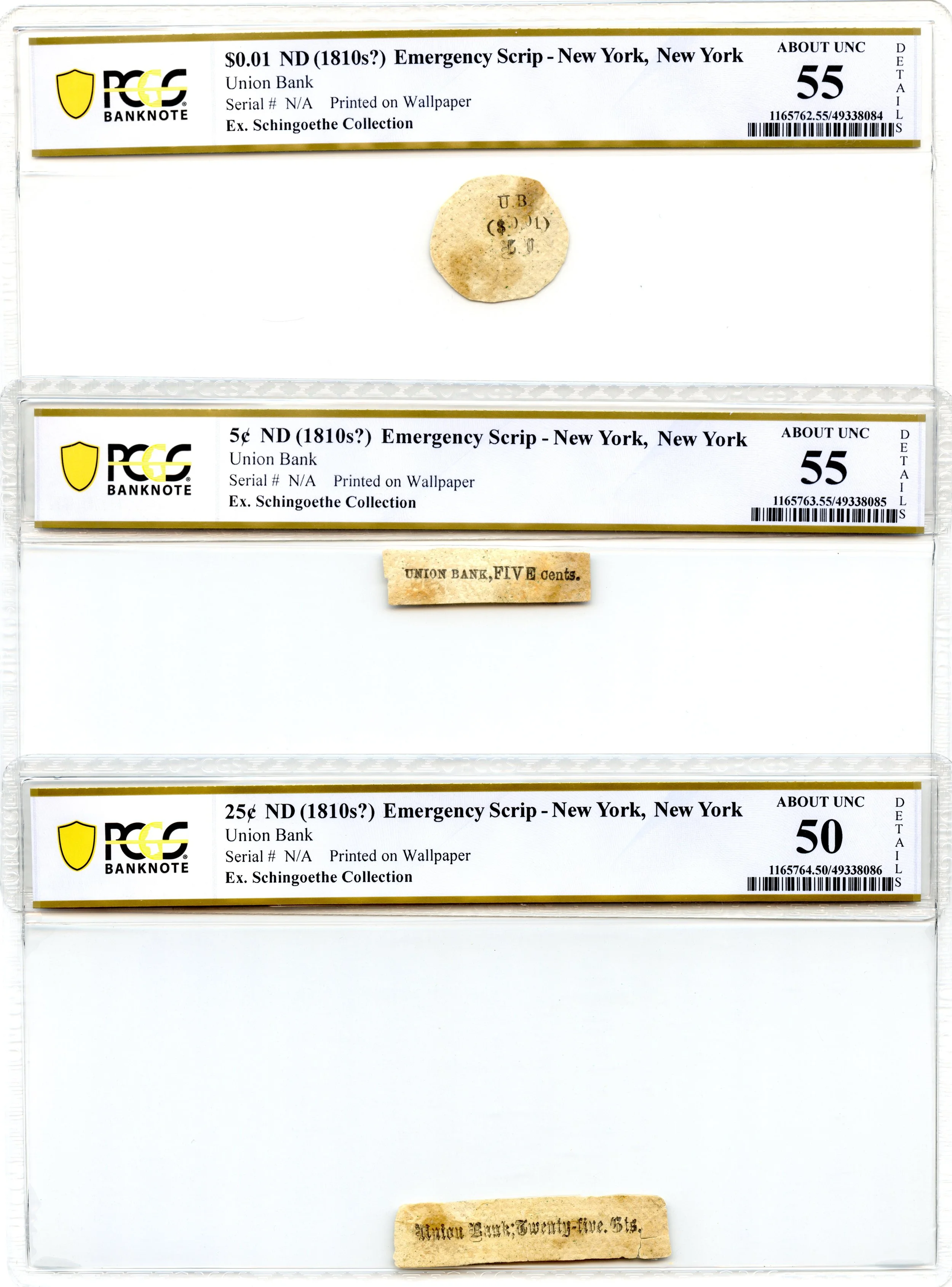 1810s 1c-25c New York Emergency Script Union Bank PCGS 50/55 *Printed on Wallpaper*
