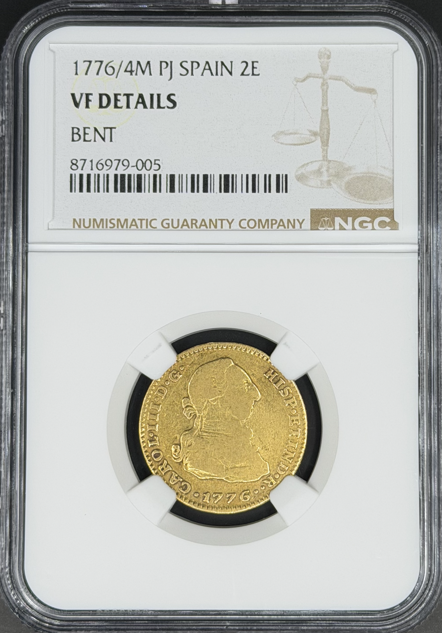 1776/4 M-PJ 2 Escudo Gold Spain Madrid NGC VF