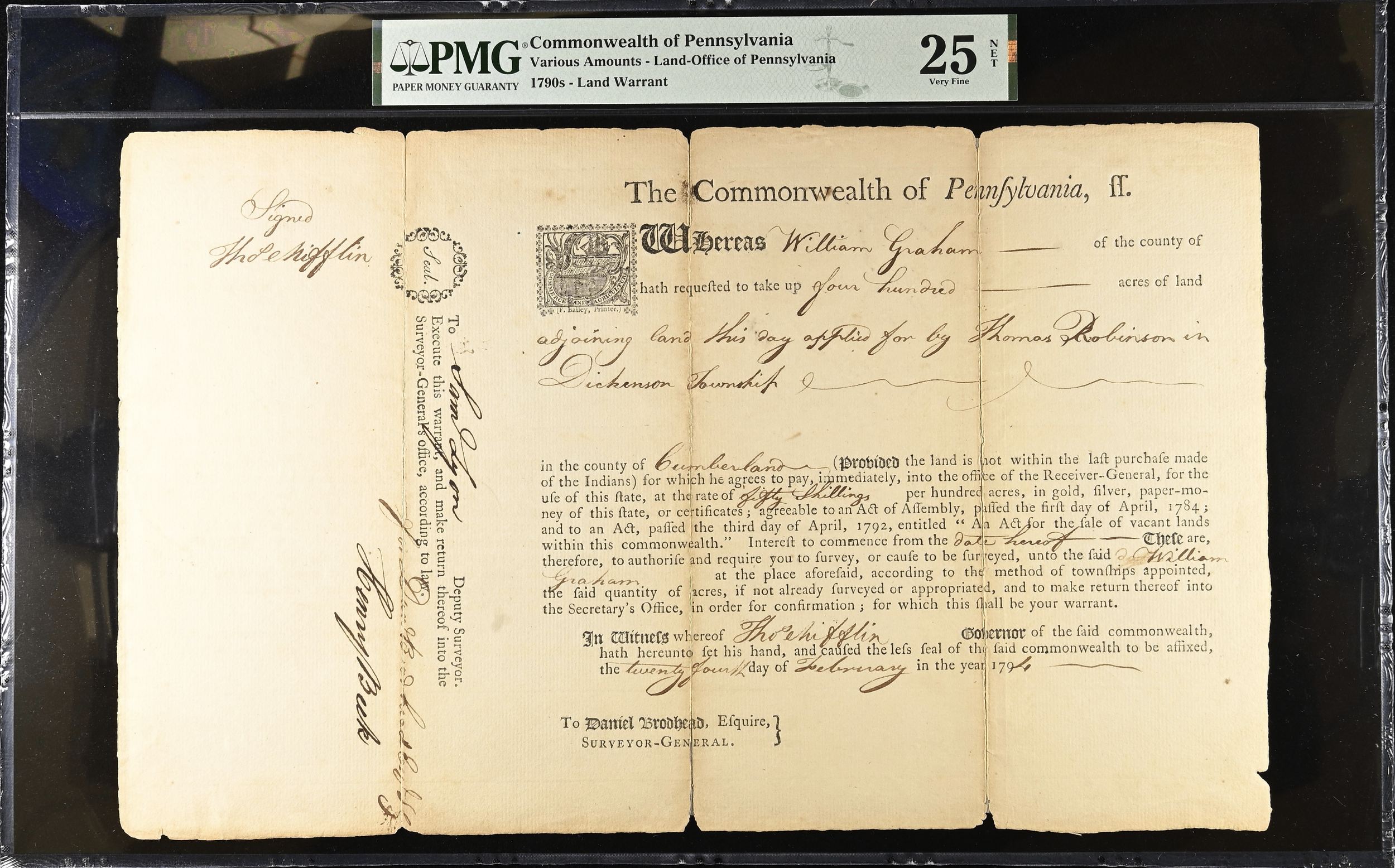 1794 Commonwealth of Pennsylvania Land Grant PMG VF-25 *Thomas Mifflin*