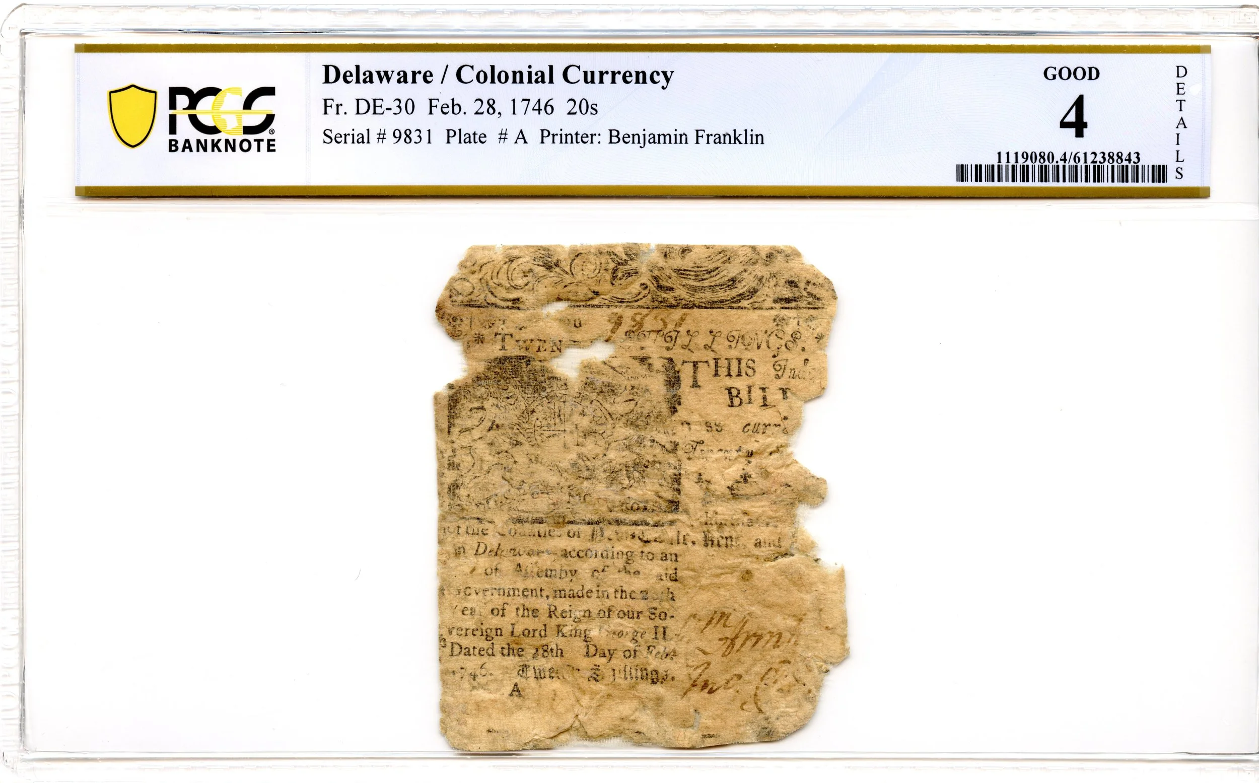 Delaware Colonial Note Fr#DE-30 February 28, 1746 20s PCGS G-4 *Ben Franklin*