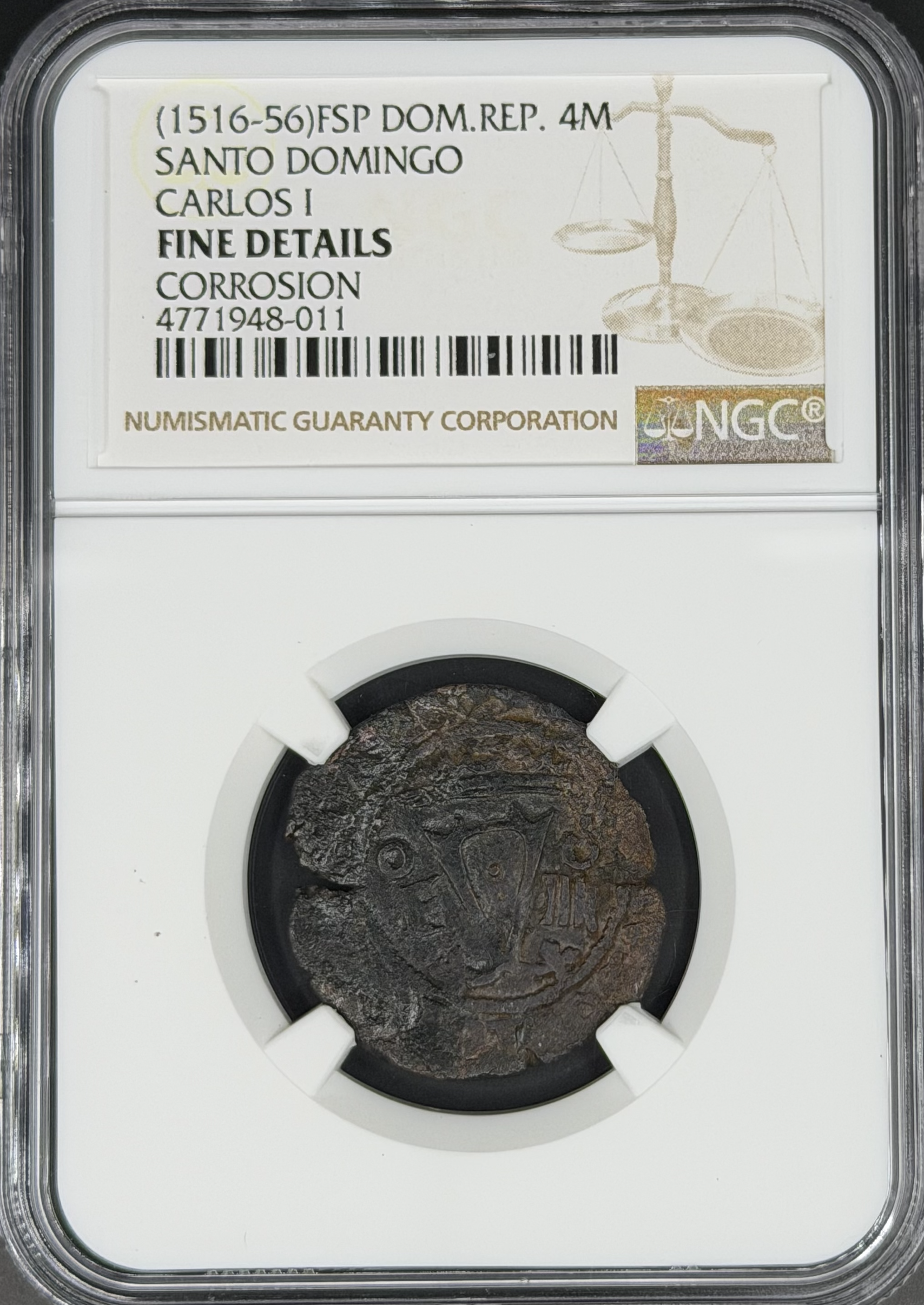 1516-56 FSP 4 Maravedis Spanish Colonial Dominican Republic, Santo Domingo NGC F