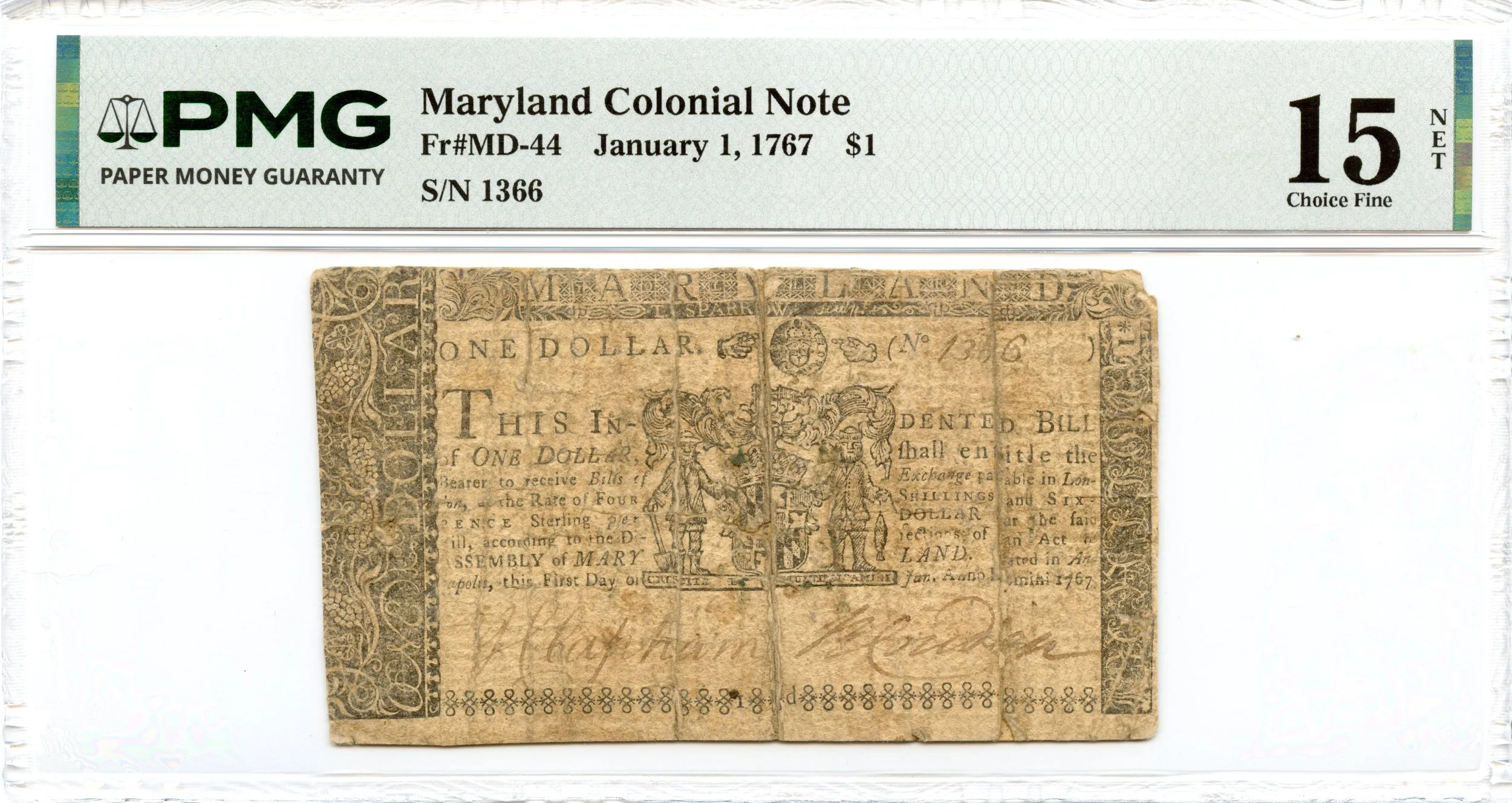 Maryland Colonial Note Fr#MD-44 January 1, 1767 $1 PMG F-15 *First Dollar*