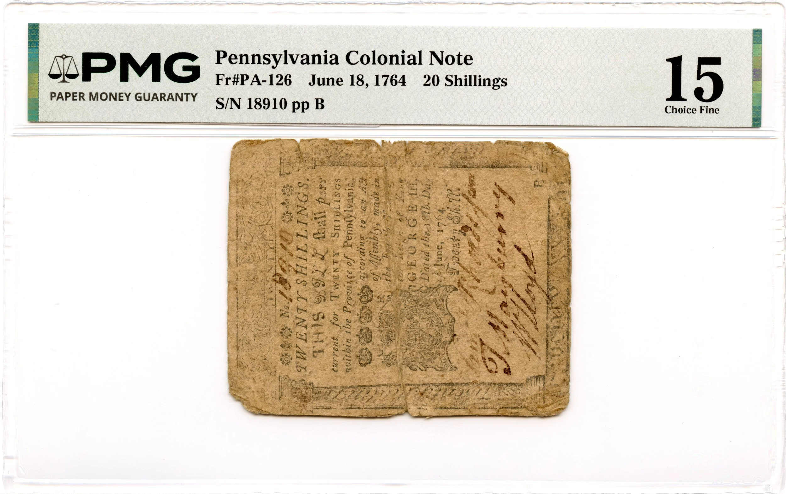 Pennsylvania Colonial Note Fr#PA-126 June 18, 1764 20s PMG F-15 *Ben Franklin*