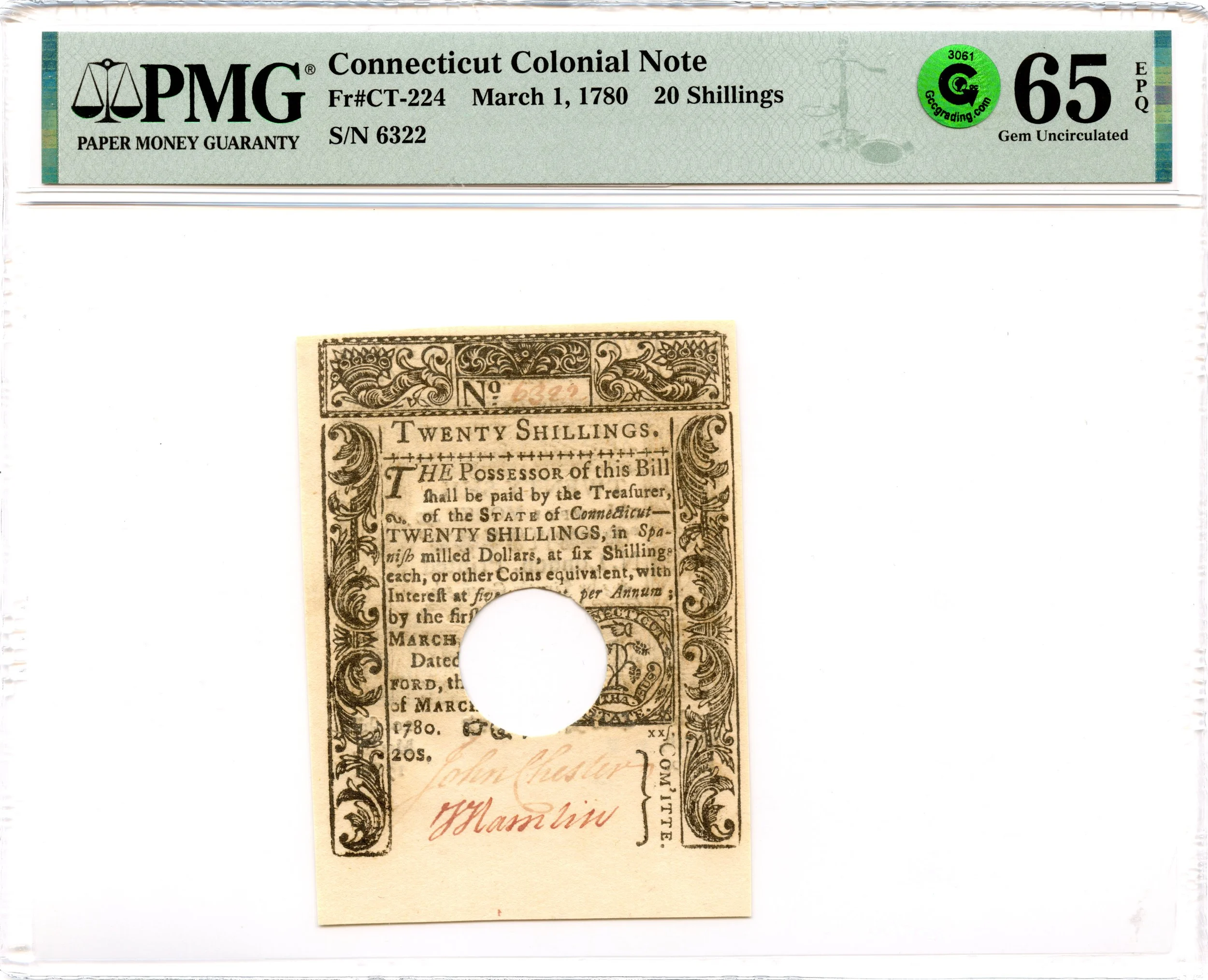 Connecticut Colonial Note Fr#CT-224 March 1, 1780 20s PMG GEM 65 EPQ GCC Green *Finest Known*