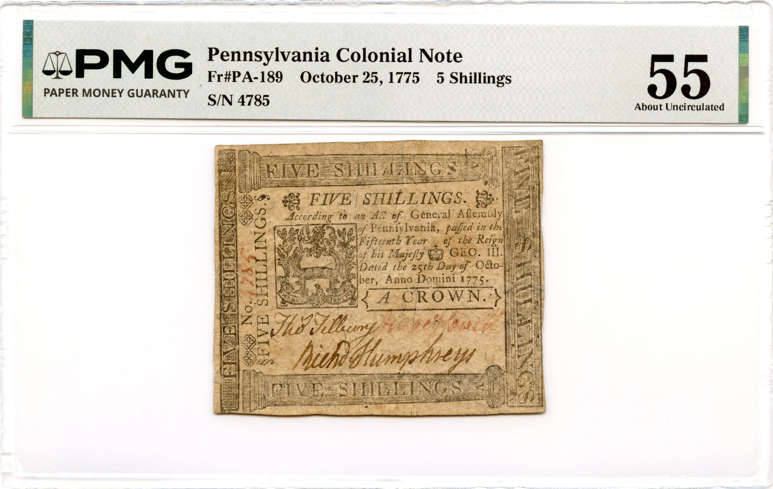 Pennsylvania Colonial Note Fr#PA-189 October 25, 1775 5s PMG AU-55 *Scarce*