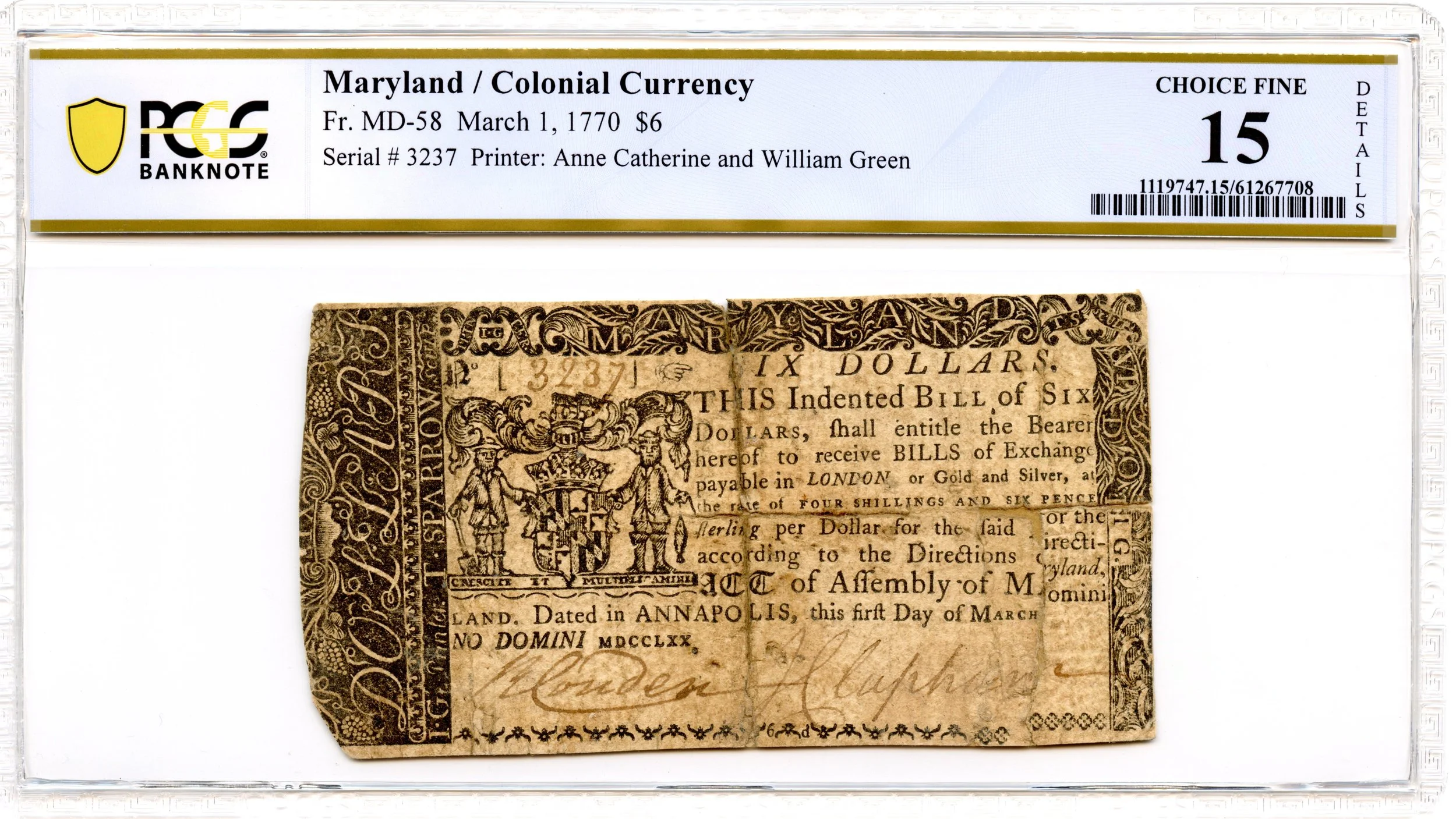 Maryland Colonial Note Fr#MD-58 March 1, 1770 $6 PCGS F-15
