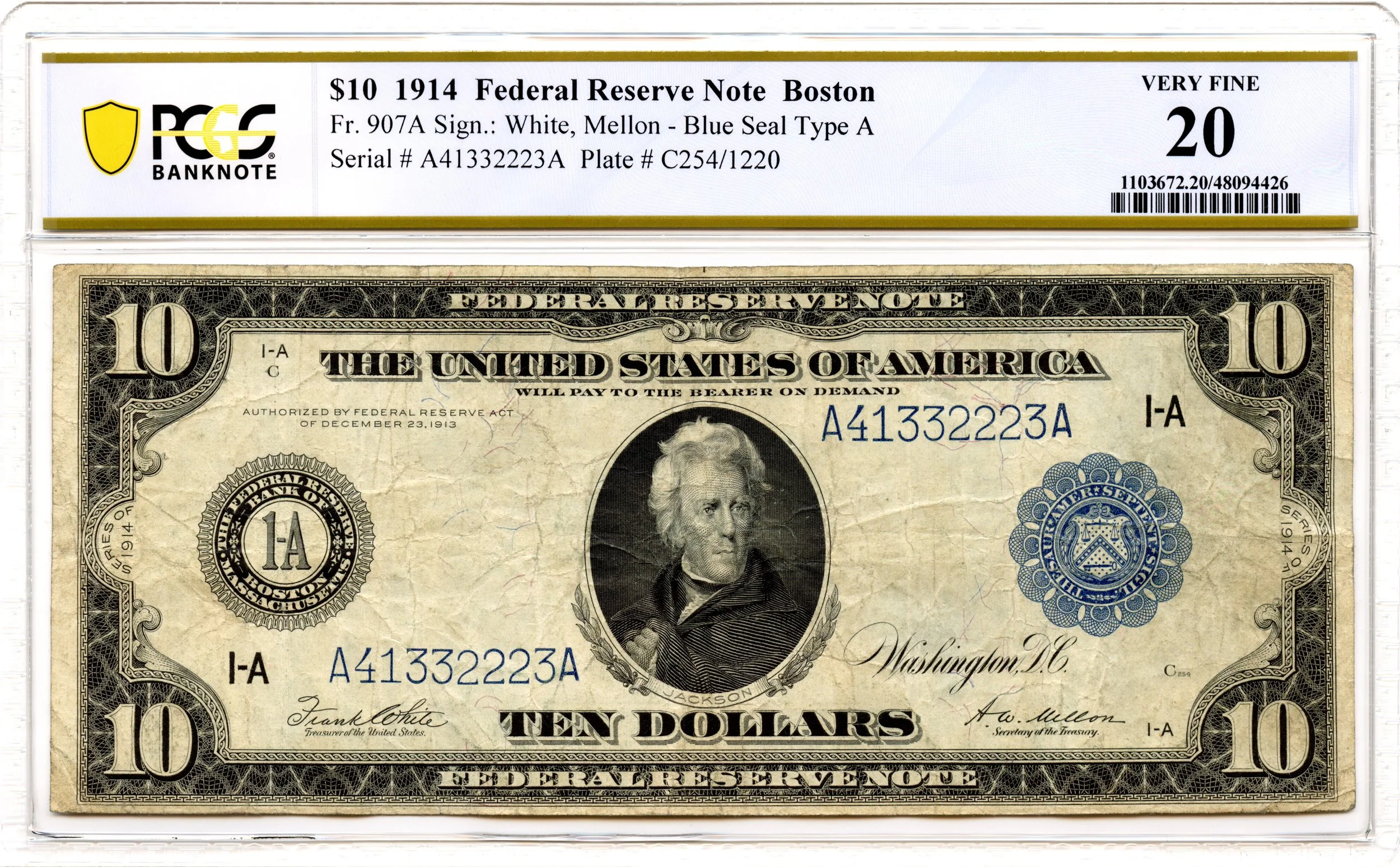 1914 $10 Federal Reserve Note Boston Fr#907a PCGS VF-20