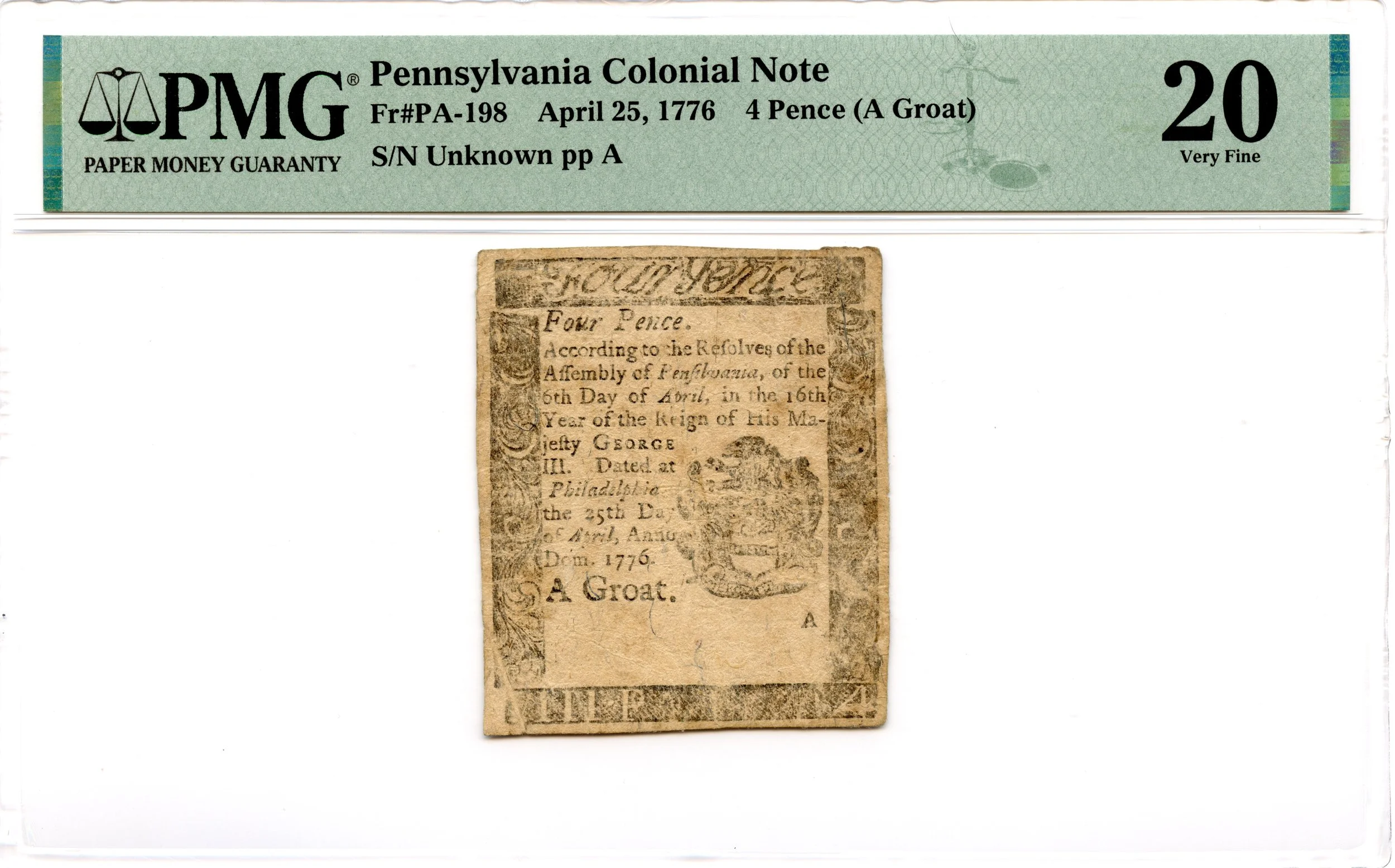 Pennsylvania Colonial Note Fr#PA-198 April 25, 1776 4d PMG VF-20