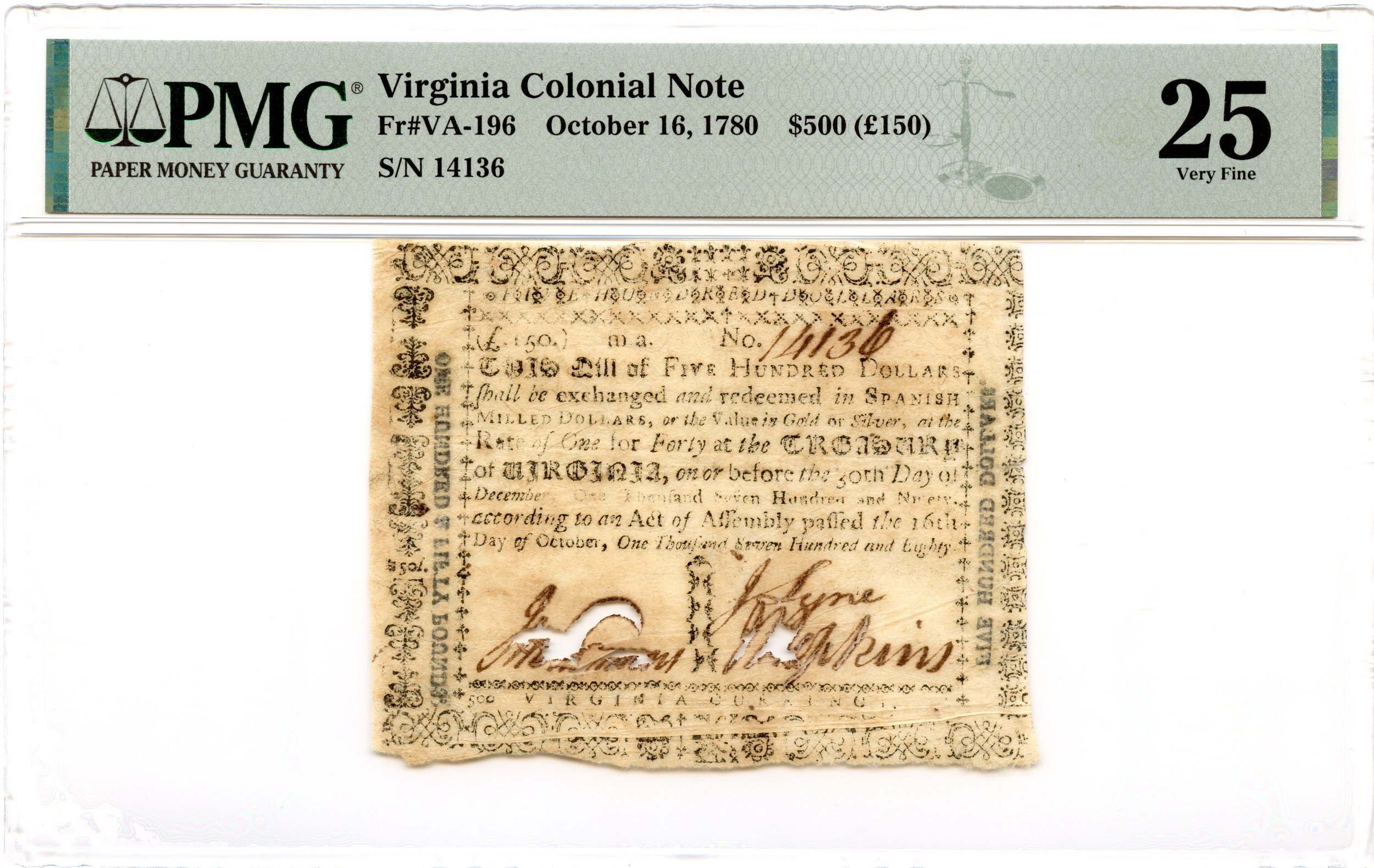 Virginia Colonial Note Fr#VA-196 October 16, 1780 $500 PMG VF-25 *High Denom*