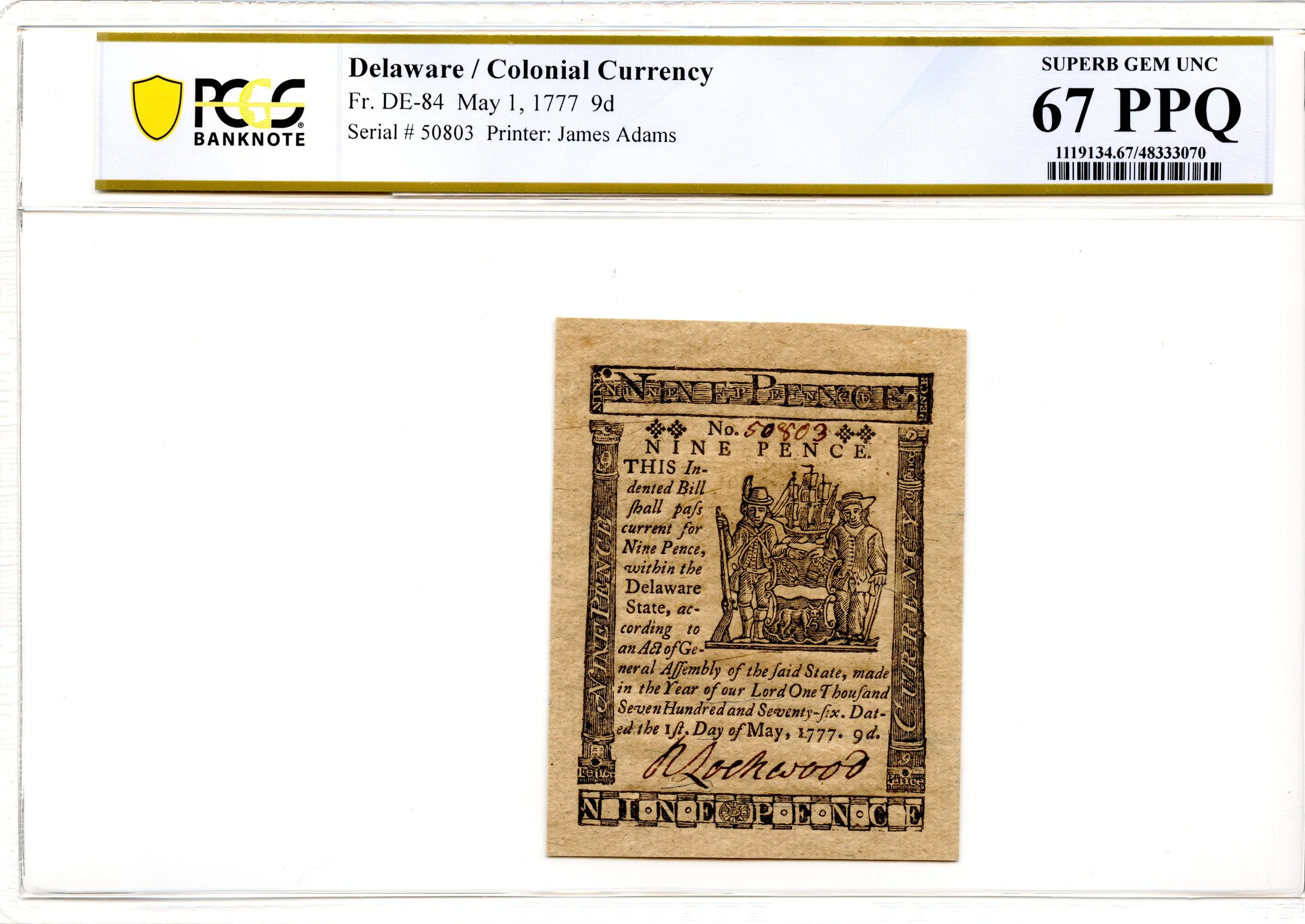 Delaware Colonial Note Fr#DE-84 May 1, 1777 9d PCGS Superb GEM 67 PPQ *Finest Known*