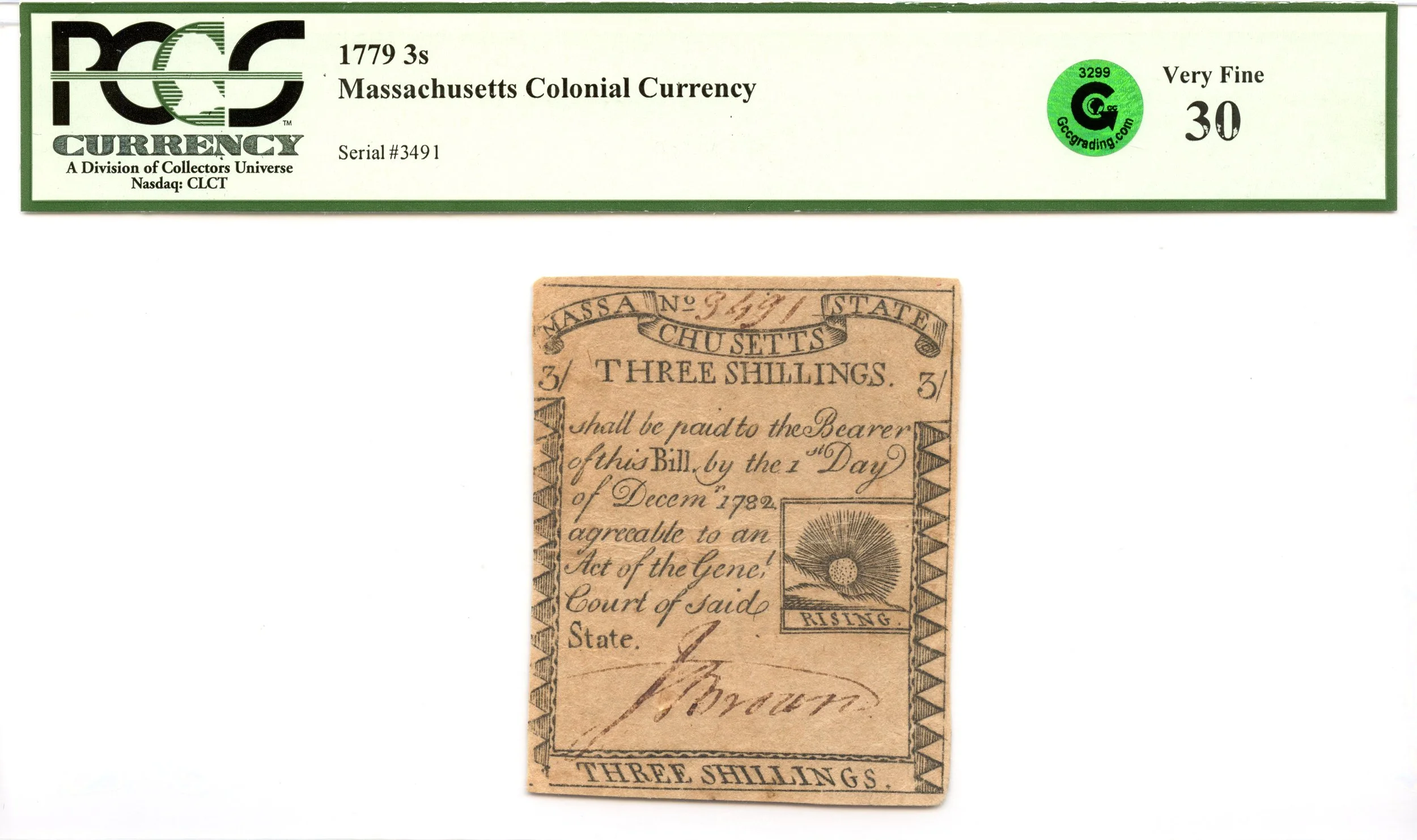 Massachusetts Colonial Note Fr#MA-270 1779 3s PCGS VF-30 GCC *Paul Revere Sun*